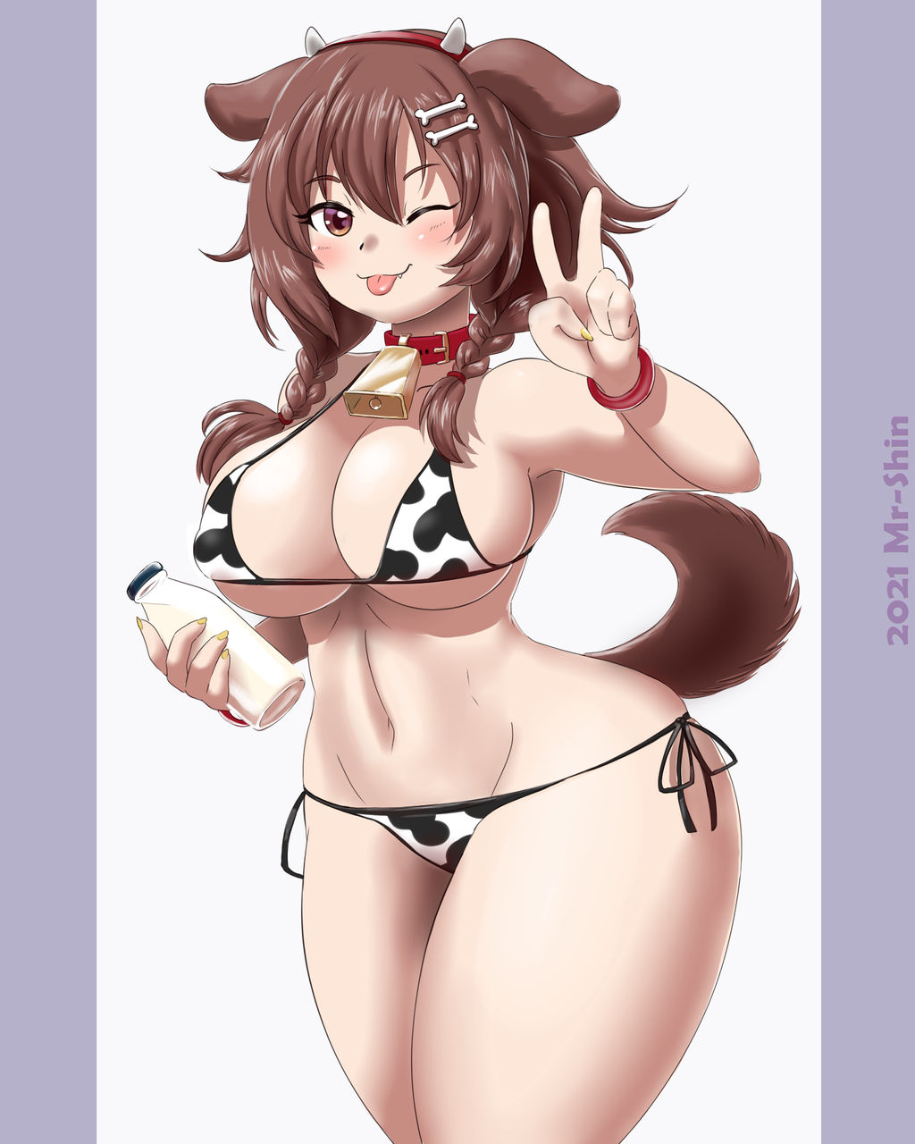 big breasts, breasts, brown eyes, brown hair, cow print, female, hololive, hololive gamers, hololive japan, inugami korone, milk, virtual youtuber