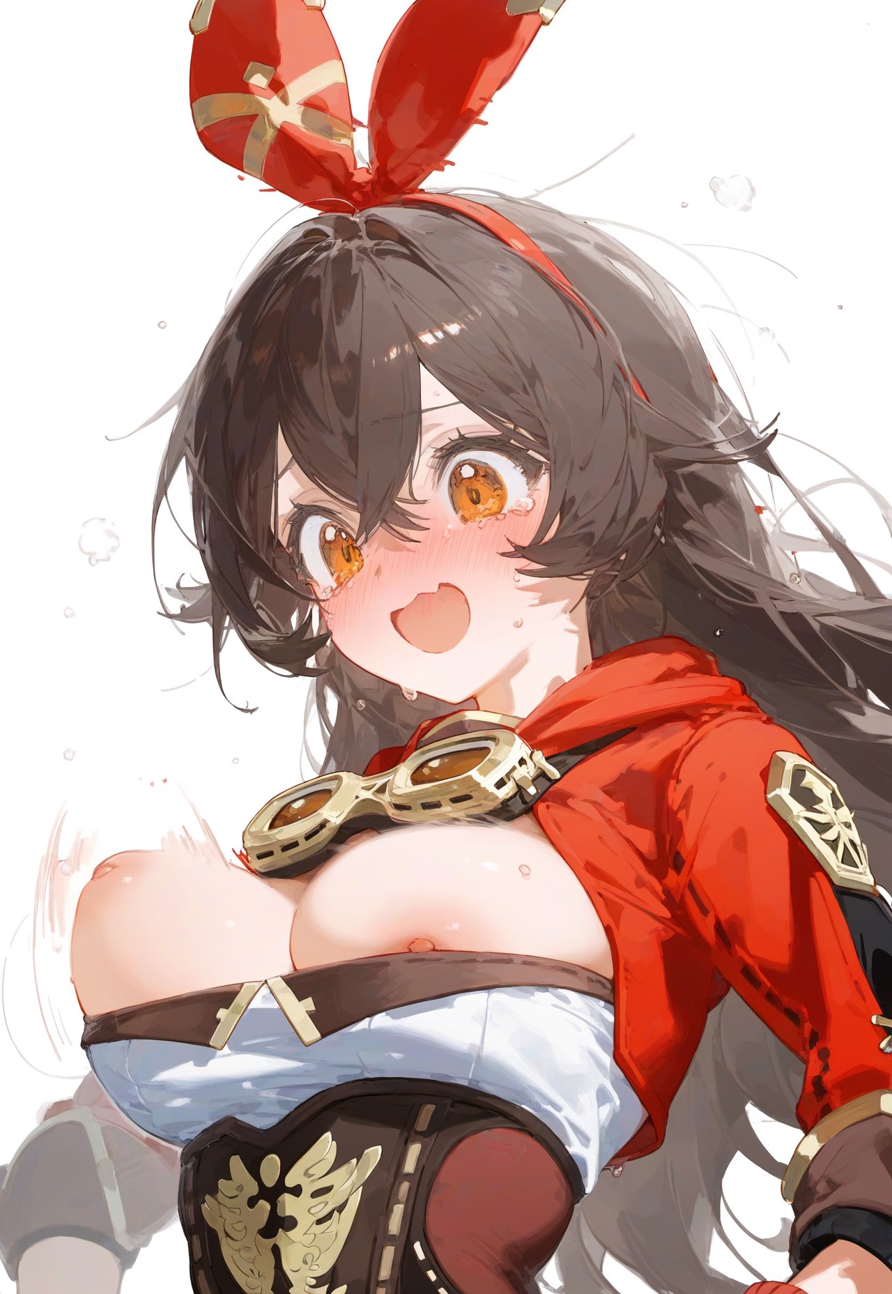 1girls, ai generated, amber (genshin impact), areola slip, blush, bouncing breasts, breasts, breasts out, brown hair, embarrassed, female, genshin impact, hair ribbon, jacket, looking at viewer, medium breasts, nipple slip, nipples, no bra, open mouth, perky breasts, solo, wardrobe malfunction, wavy mouth