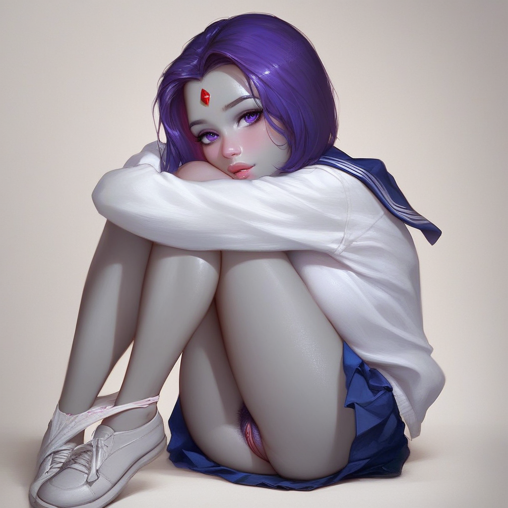 ai_generated dc_comics forehead_jewel hugging_legs panties_around_leg purple_hair pussy rachel_roth raven_(dc) thighs