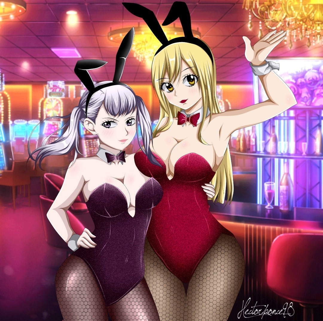 2girls, animal ears, big breasts, black clover, blonde hair, blonde-haired female, breasts, brown eyes, bunny ears, bunnysuit, crossover, fairy tail, female, female only, lucy heartfilia, multiple females, multiple girls, noelle silva, pantyhose, purple eyes, royalty, silver hair, silver-haired female, white hair, white-haired female