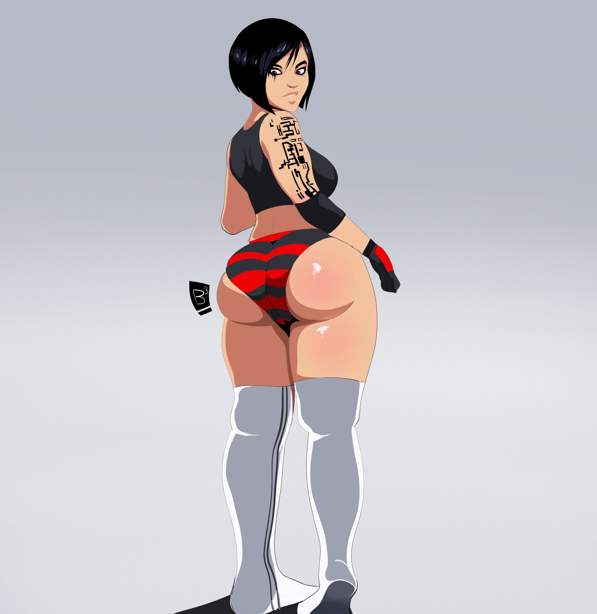 1girls, asian, asian female, ass, barrybbeesly, big ass, big butt, black hair, breasts, bubble ass, bubble butt, elbow pads, faith connors, faith connors (mirror's edge catalyst), female, female only, gloves, looking down, makeup, mirror's edge, mirror's edge catalyst, panties, shimapan, short hair, solo, striped panties, tank top, thick legs, thick thighs, thighhighs
