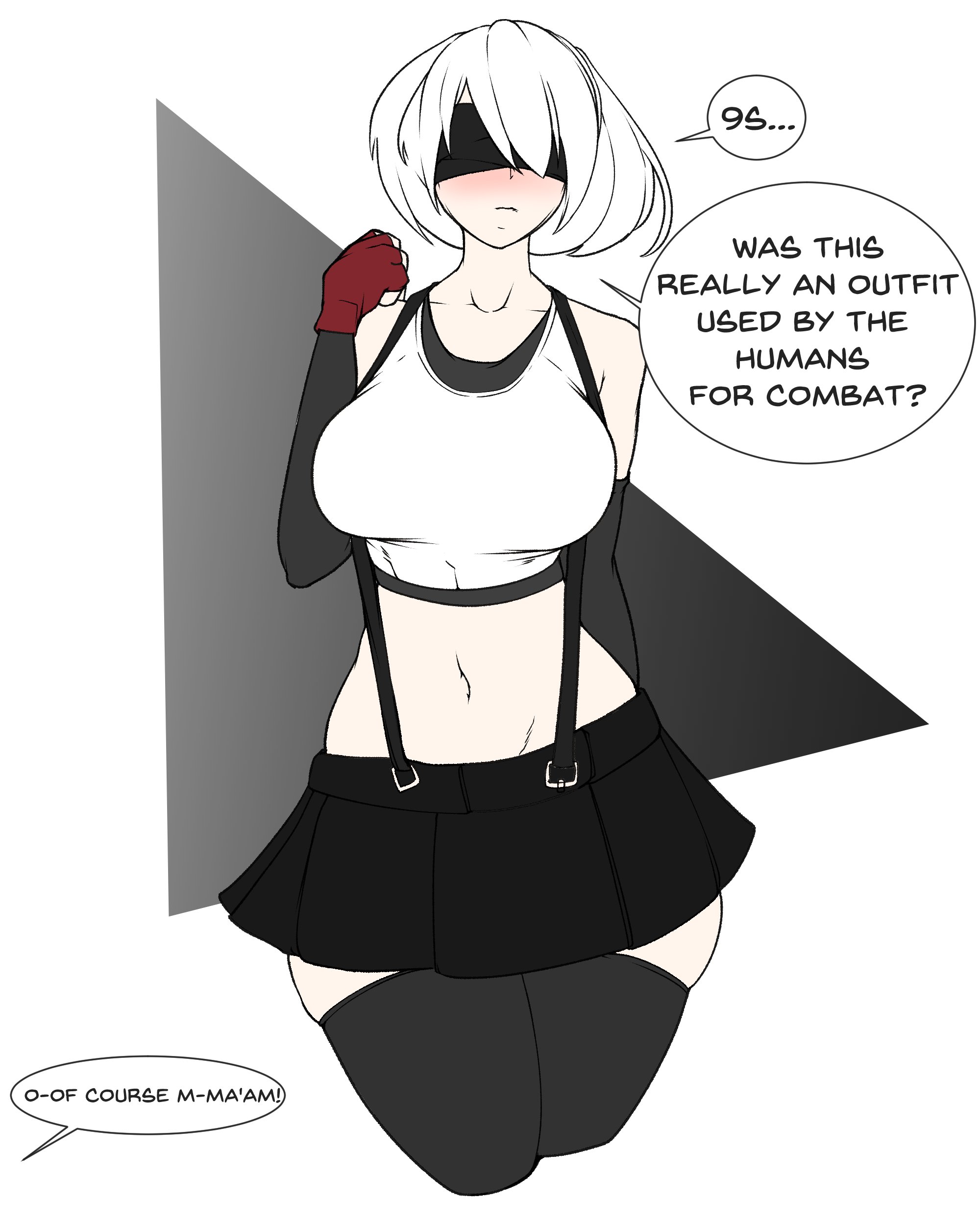 1girls, blindfold, blush, comic, cosplay, dialogue, embarrassed, english text, female, female only, femsub, humiliation, male, maledom, nier, nier: automata, noodledoodles, short hair, square enix, submissive, submissive female, text, thighhighs, tifa lockhart (cosplay), tricked, white hair, willing sub, yorha 2b