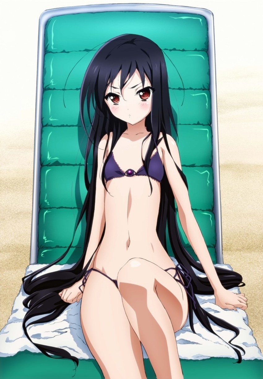 1girls accel_world beach bikini black_bikini black_hair blush female female_only flat_chest kuroyukihime long_hair slim small_breasts solo tagme teen towel