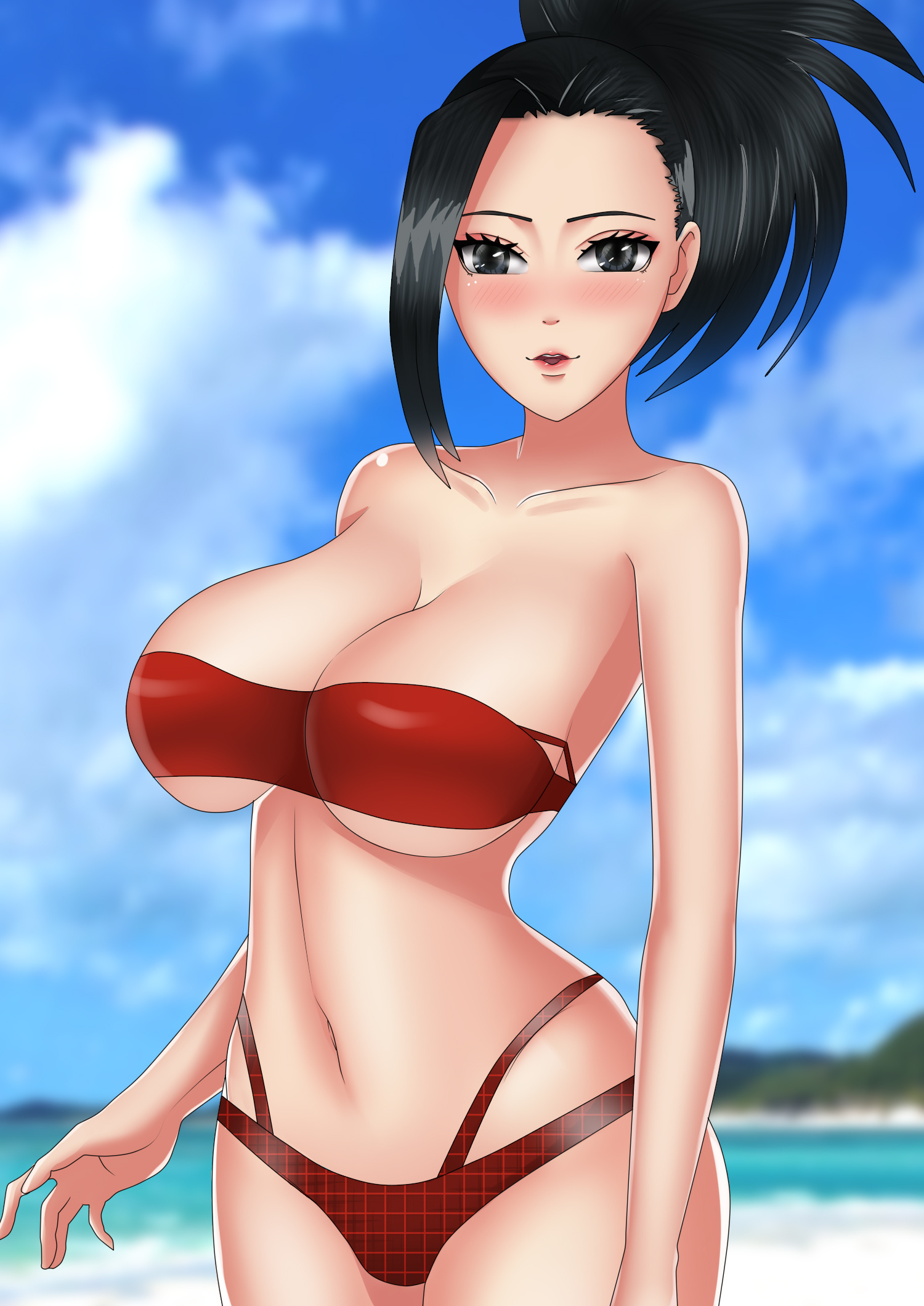 1girls, abp art, bare shoulders, beach, bikini, black eyes, black hair, black-haired female, blush, breasts, busty, cleavage, curvy, female, female only, long breasts, long hair, looking at viewer, momo yaoyorozu, my hero academia, ocean, sand, solo, tied hair, water, wide hips