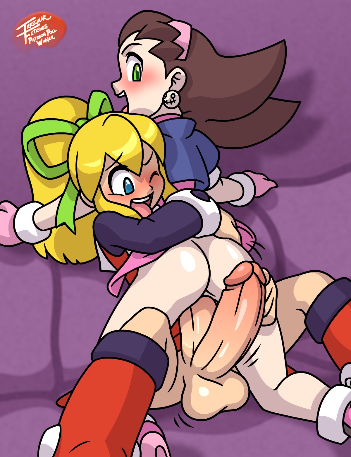 1futa 1girls ass balls blonde_hair blue_eyes blush brown_hair cowgirl_position diphallia diphallism earrings female futa_on_female futanari green_eyes hair_ribbon irregular_fetishes light-skinned_futanari looking_back mega_man mega_man(classic) mega_man_legends motion_lines multi_penis multiple_girls one_eye_closed penis pleasure_face ponytail robot robot_girl roll shadow shiny_skin tongue tongue_out tron_bonne vaginal_penetration