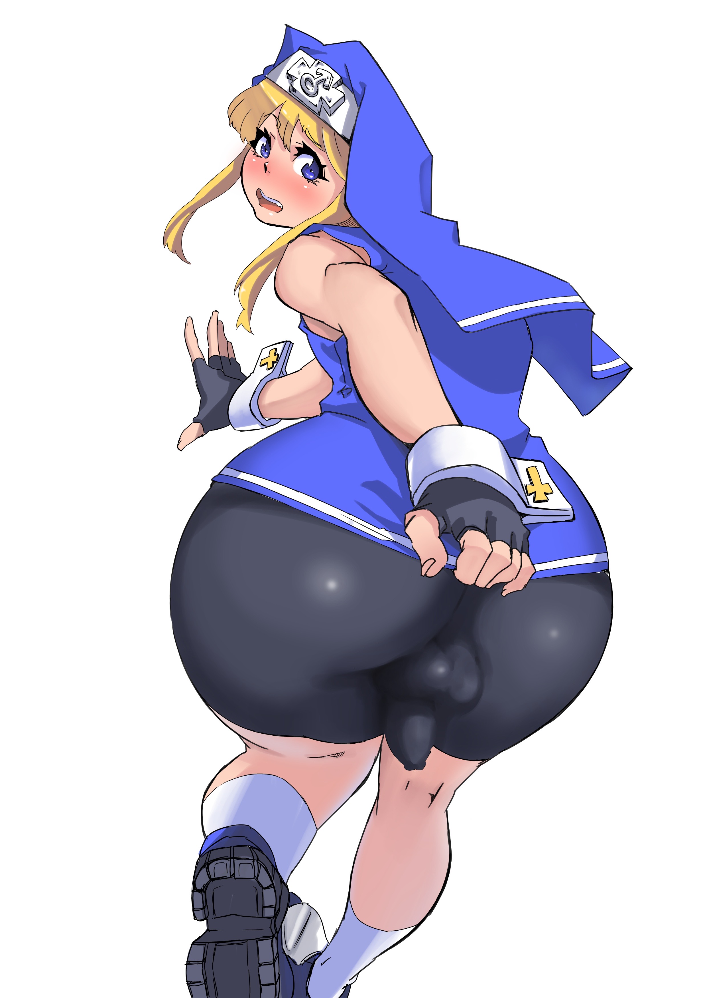 1boy, androgynous, ass, balls, big ass, bike shorts, blonde hair, blue eyes, blush, bottom heavy, bridget, bulge, embarrassed, eye contact, femboy, fingerless gloves, flaccid, flaccid penis, girly, gloves, guilty gear, huge ass, leggings, light skin, light-skinned male, looking at viewer, looking back, male, male only, ooy (artist), pale skin, pale-skinned male, penis, penis bulge, pre-transition, priestess, shoes, shorts, small penis, solo, solo male, thick thighs, thighs, voluptuous, white background