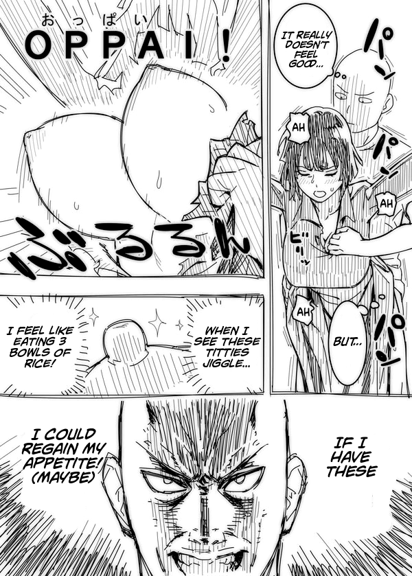 1boy 1girls areola bald big_breasts black_and_white blush closed_eyes comic dress from_behind fubuki_(one-punch_man) funny hamanasu medium_hair monochrome nipples one-punch_man ripped_clothing saitama sketch speech_bubble sweat text