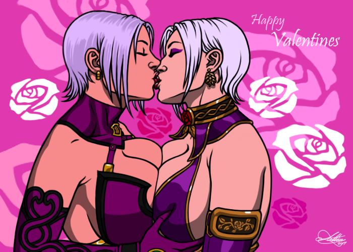 2girls big_breasts breast_press breast_to_breast breasts cleavage closed_eyes female female_only isabella_valentine kaywest kissing large_breasts selfcest short_hair soul_calibur symmetrical_docking white_hair yuri