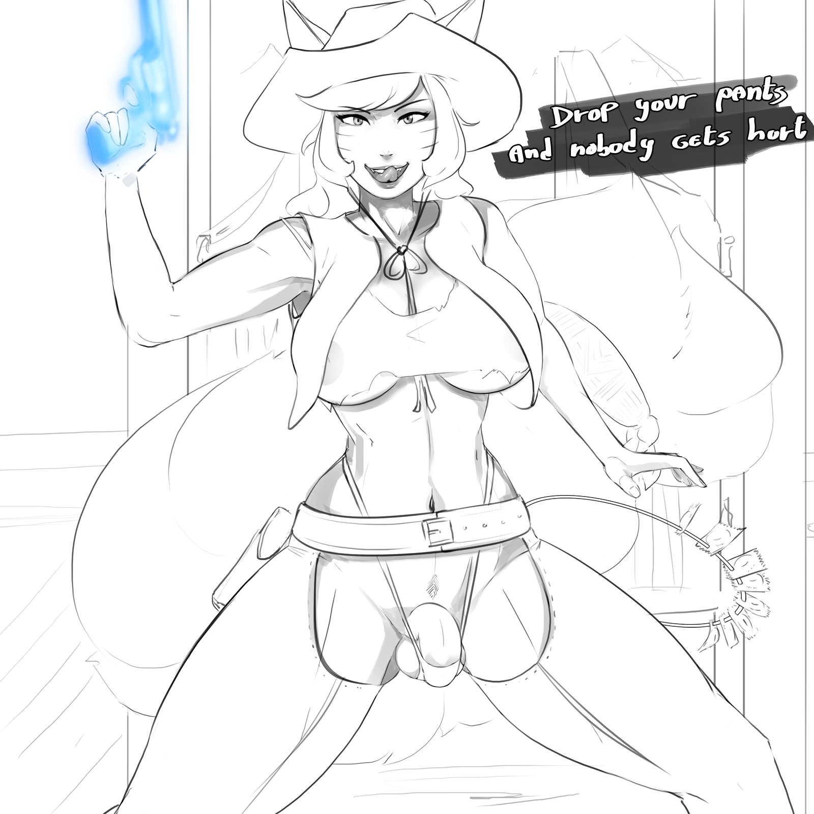 1futa, ahri, animal ears, balls, balls in panties, big breasts, breasts, condom, cowboy hat, cowgirl, dickgirl, female, firearm, flaccid, fox girl, futa only, futanari, gun, handgun, intersex, league of legends, looking at viewer, magnetus, navel, nipples, nipples visible through clothing, partially clothed, penis, penis in panties, revolver, riot games, speech bubble, tongue, tongue out, weapon