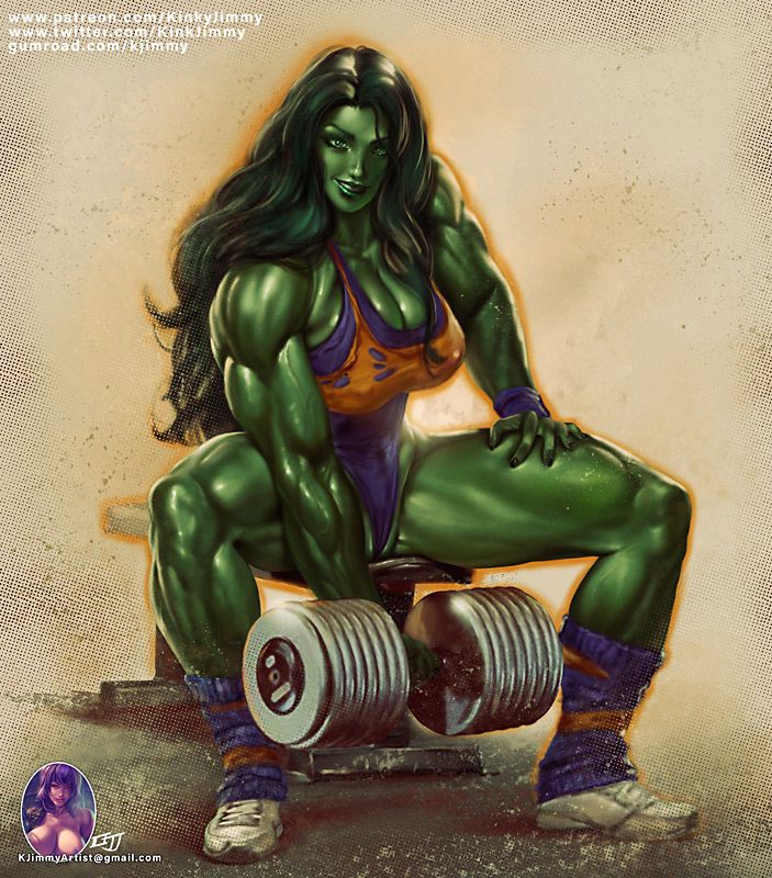 1girls, alternate version available, big breasts, breasts, cameltoe, cleavage, clothed, clothed female, dumbbell, female, female only, green body, green eyes, green hair, green skin, hulk (series), kinkyjimmy, large breasts, legwarmers, leotard, long hair, marvel, marvel comics, muscles, muscular, muscular female, pussy, she-hulk, shoes, smirk, smirking, smirking at viewer, solo, solo female, weightlifting, workout, workout clothes