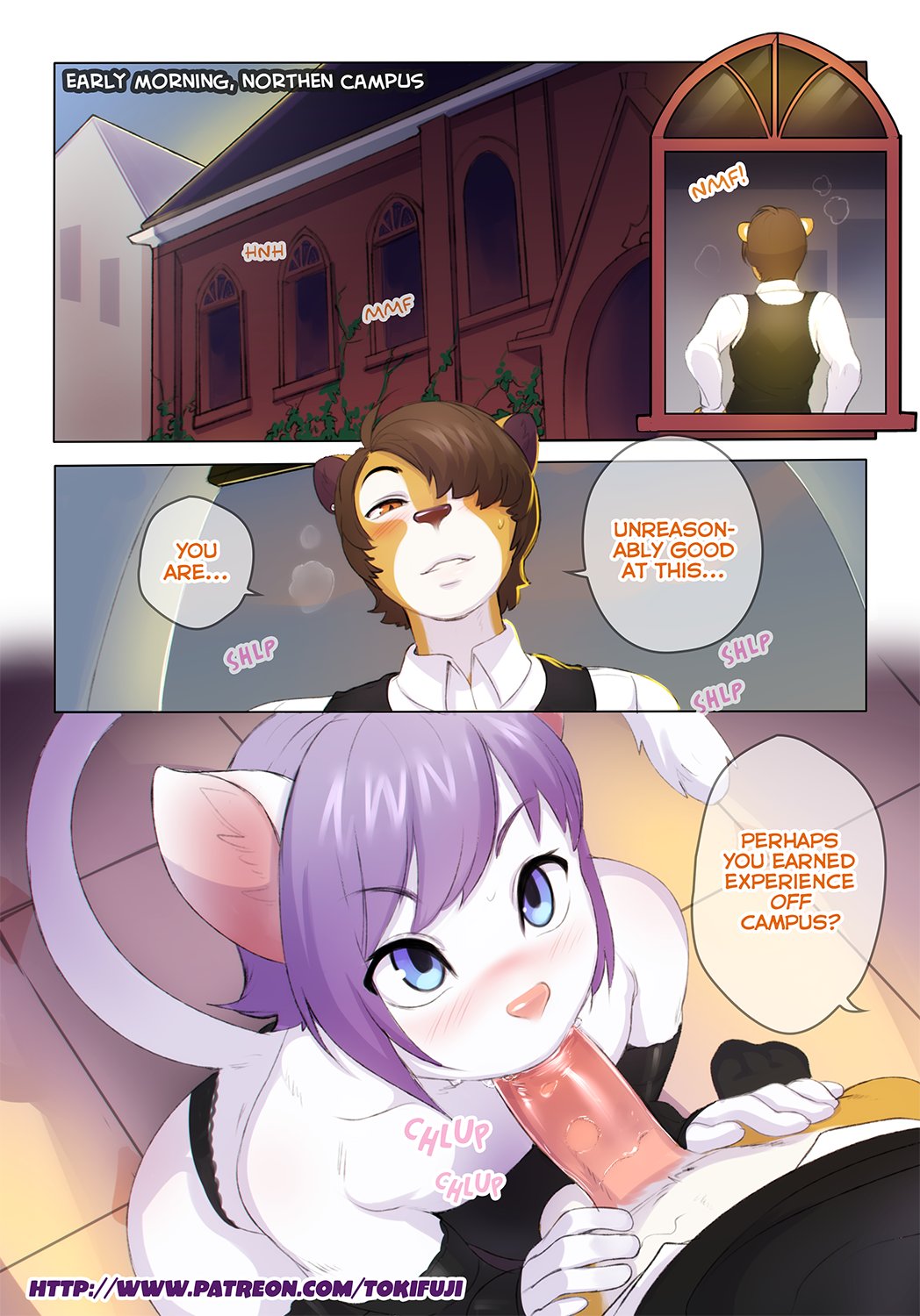 2boys, anthro, blush, comic, dialogue, eye contact, fellatio, femboy, furry, gay, girly, male, male pov, mouse, mouse ears, oral, pov, text, tokifuji, trap, yaoi