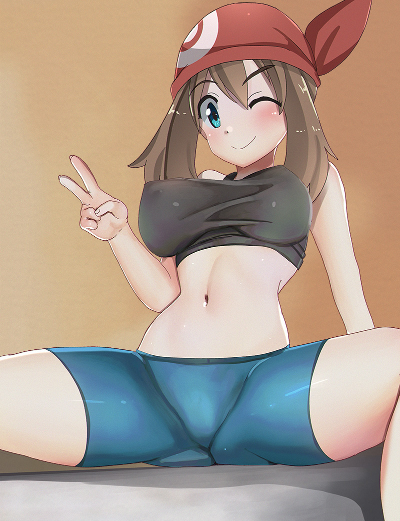 1girl 1girls 2020 2020s alternate_version_available aruman bedroom bike_shorts black_tank_top black_topwear blue_bottomwear blue_shorts blush blushing brown_hair exposed_belly eye_contact female female_only female_protagonist huge_breasts human indoors large_breasts logo_on_headwear looking_at_viewer love manga may_(pokemon) medium_hair moderate_tomboy nintendo one_eye_closed peace_sign pokemon pokemon_rse red_headwear shiny_shorts shorts sitting sitting_on_bed solo solo_female spats spread_legs tank_top tight_shorts tomboy video_game_franchise wink winking winking_at_viewer