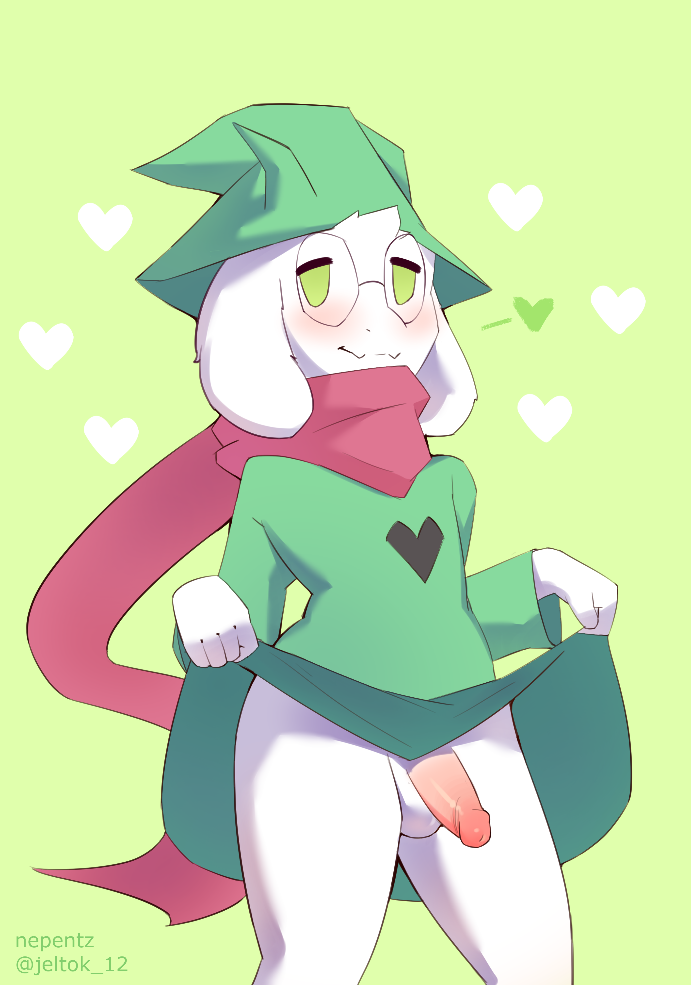 1boy, 2d, absurd res, anthro, anthro male, anthro only, bottomwear, bovid, caprine, cloak, clothing, clothing lift, deltarune, femboy, furry, furry male, furry only, genitals, girly, goat, green clothing, hat, headgear, headwear, heart, hi res, humanoid, humanoid genitalia, humanoid male, humanoid only, humanoid penis, looking at viewer, male, male only, mammal, nepentz, penis, presenting, ralsei, scarf, skirt, skirt lift, solo, solo male, undertale (series), video games, young