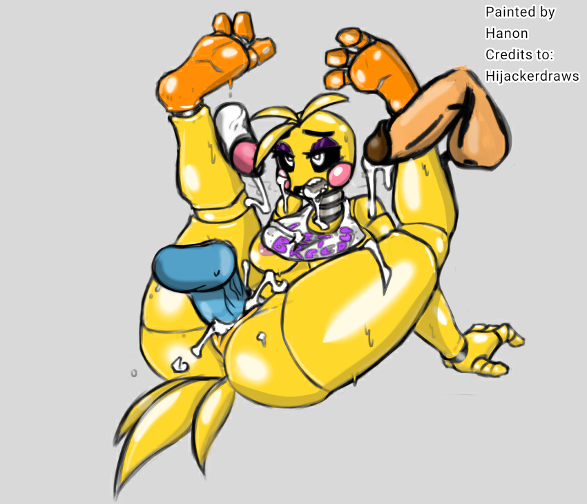 anthro anthro_penetrated five_nights_at_freddy's five_nights_at_freddy's_2 hanon(editor) hijackerdraws hijackerdraws_(artist) huge_ass huge_breasts huge_butt huge_cock mechanic mechanical robot three_on_one toy_chica_(fnaf) yellow_skin