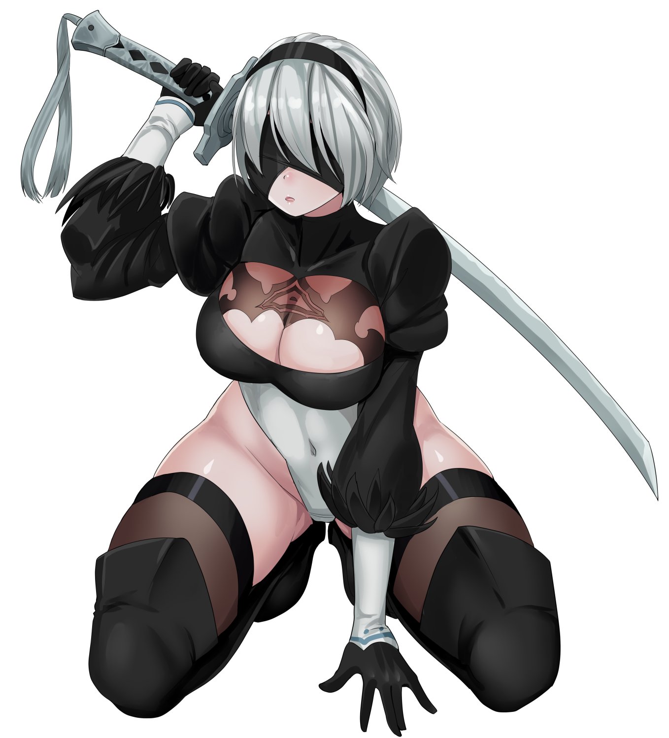 1girls, breasts, covered eyes, female, female only, grey hair, huge breasts, katana, kneeling, leotard, nico-mo, nier, nier: automata, shiny skin, short hair, simple background, solo, solo focus, sword, white background, yorha 2b