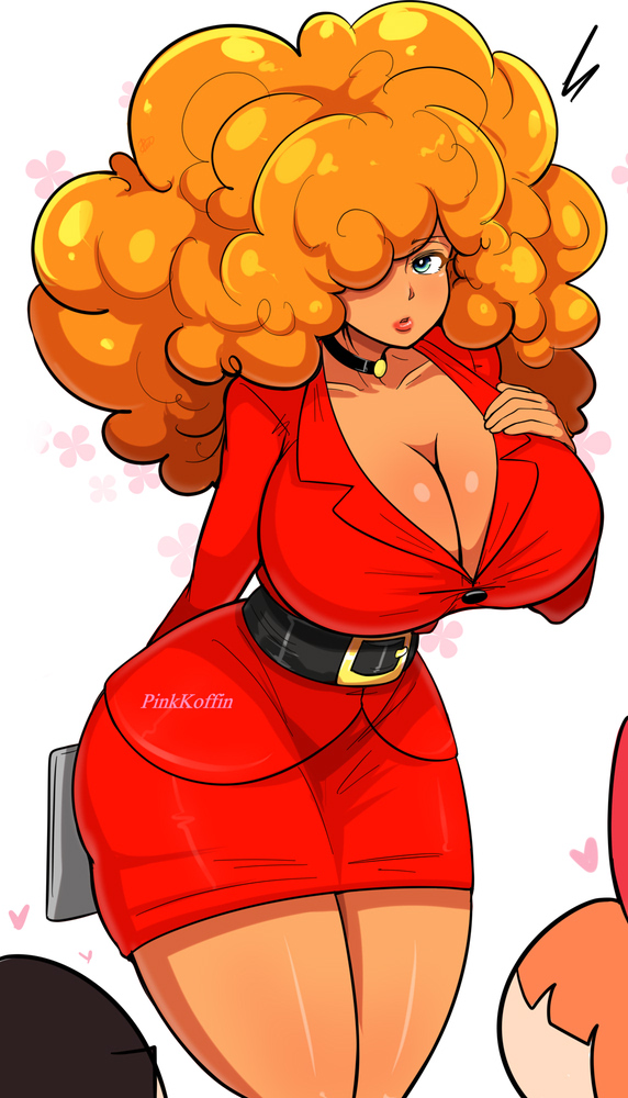 3girls, big breasts, bimbo, blossom (powerpuff girls), blue eyes, breasts, buttercup (powerpuff girls), cartoon network, cleavage, clothed, clothing, curly hair, female, female only, hair over one eye, long hair, mature female, orange hair, pinkkoffin, powerpuff girls, sara bellum, shiny, shiny hair, shiny skin, solo, solo female, solo focus, thighs, yuri