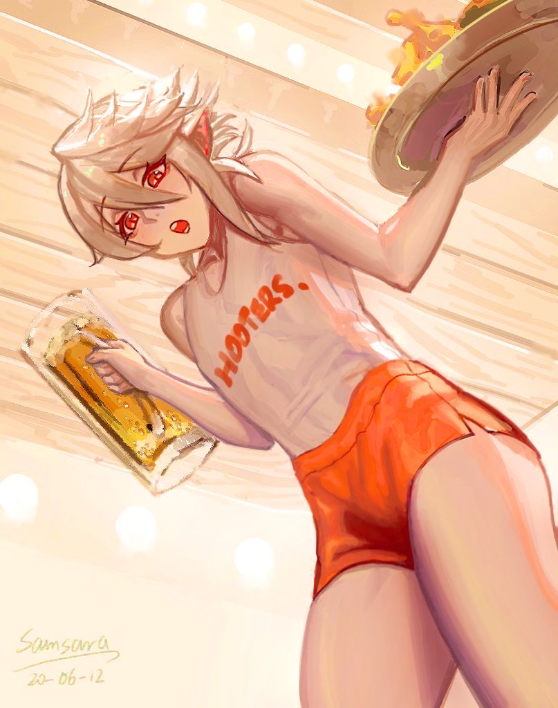 1boy beer beer_mug corrin_(fire_emblem) corrin_(fire_emblem)_(male) crossdressing femboy femboy_hooters fire_emblem fire_emblem_fates girly holding_object hooters hooters_uniform male male_only nintendo plate pointy_ears samsara samsara_(shuukeura) shorts skirt solo trap waitress white_hair