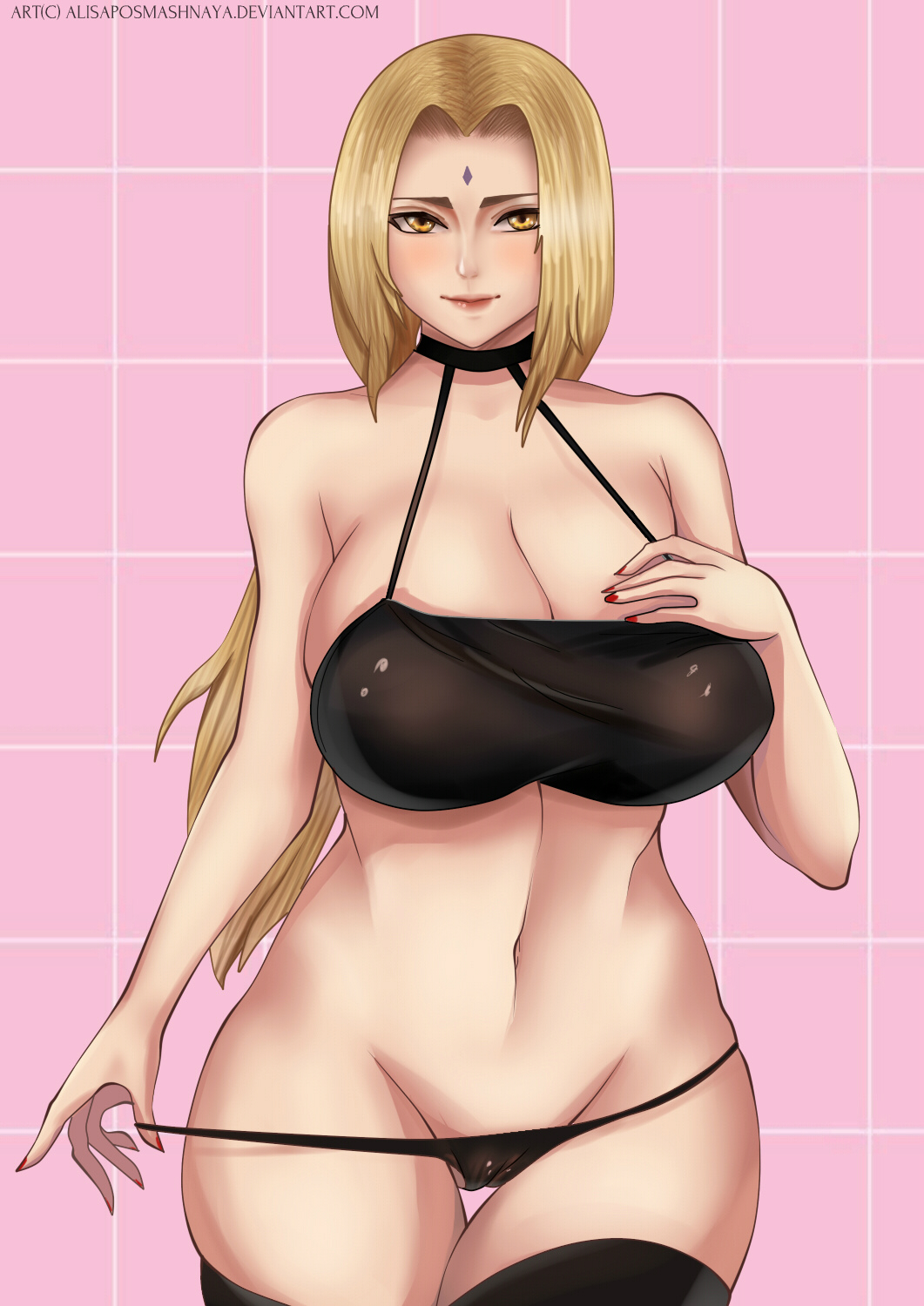 1girls abp_art bare_shoulders blonde_hair breasts brown_eyes cleavage facial_mark female female_only forehead_mark huge_breasts long_fingernails long_hair nail_polish naruto naruto_(series) naruto_shippuden pulling_panties red_nails smile stockings thighhighs tsunade underwear wide_hips