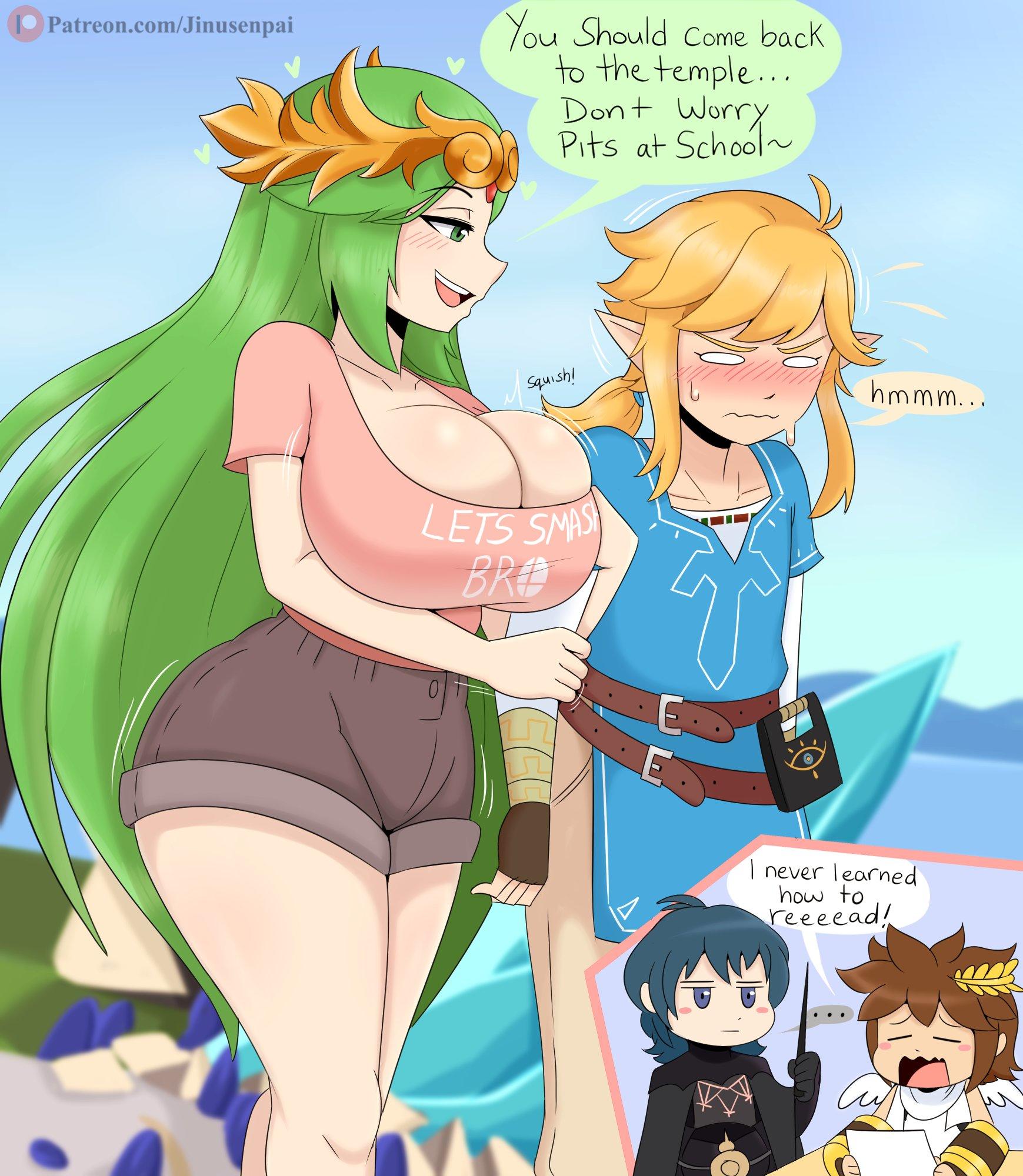 1girls, 3boys, ass, battlefield (super smash bros), big ass, blush, breasts, breath of the wild, byleth (fire emblem), byleth (fire emblem) (male), crossover, denim shorts, embarrassed, female, fire emblem, fire emblem: three houses, fully clothed, huge breasts, jinu, kid icarus, large breasts, larger female, link, link (breath of the wild), male, nintendo, palutena, pit (kid icarus), short shorts, shorts, super smash bros., the legend of zelda, thick thighs