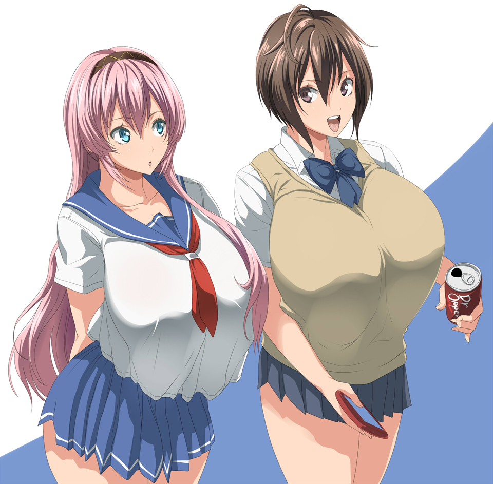 2girls, big breasts, breasts, brown hair, female, huge breasts, kloah, long hair, pink hair, school uniform, simple background, skirt