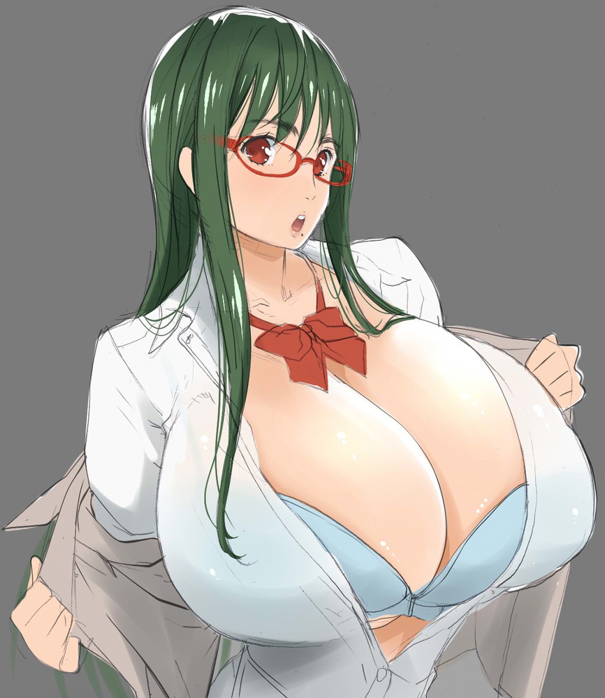 1girls, big breasts, bra, breasts, female, glasses, huge breasts, kloah, looking at viewer, original, original character, otsuka ren, school uniform, schoolgirl, scientist, solo