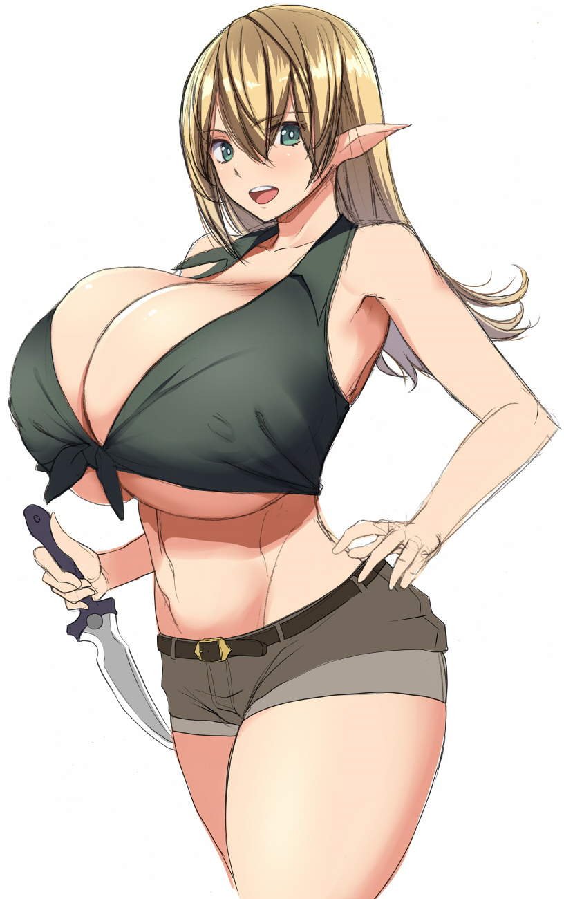 2020 2020s belt big_breasts blonde_hair breasts brown_shorts dagger denim_shorts elf elf_female excessive_boob_flesh exposed_belly exposed_breasts green_eyes hand_on_hip happy huge_breasts jean_shorts kloah manga pointed_ears shorts smile strong_tomboy_(spectrum) tomboy