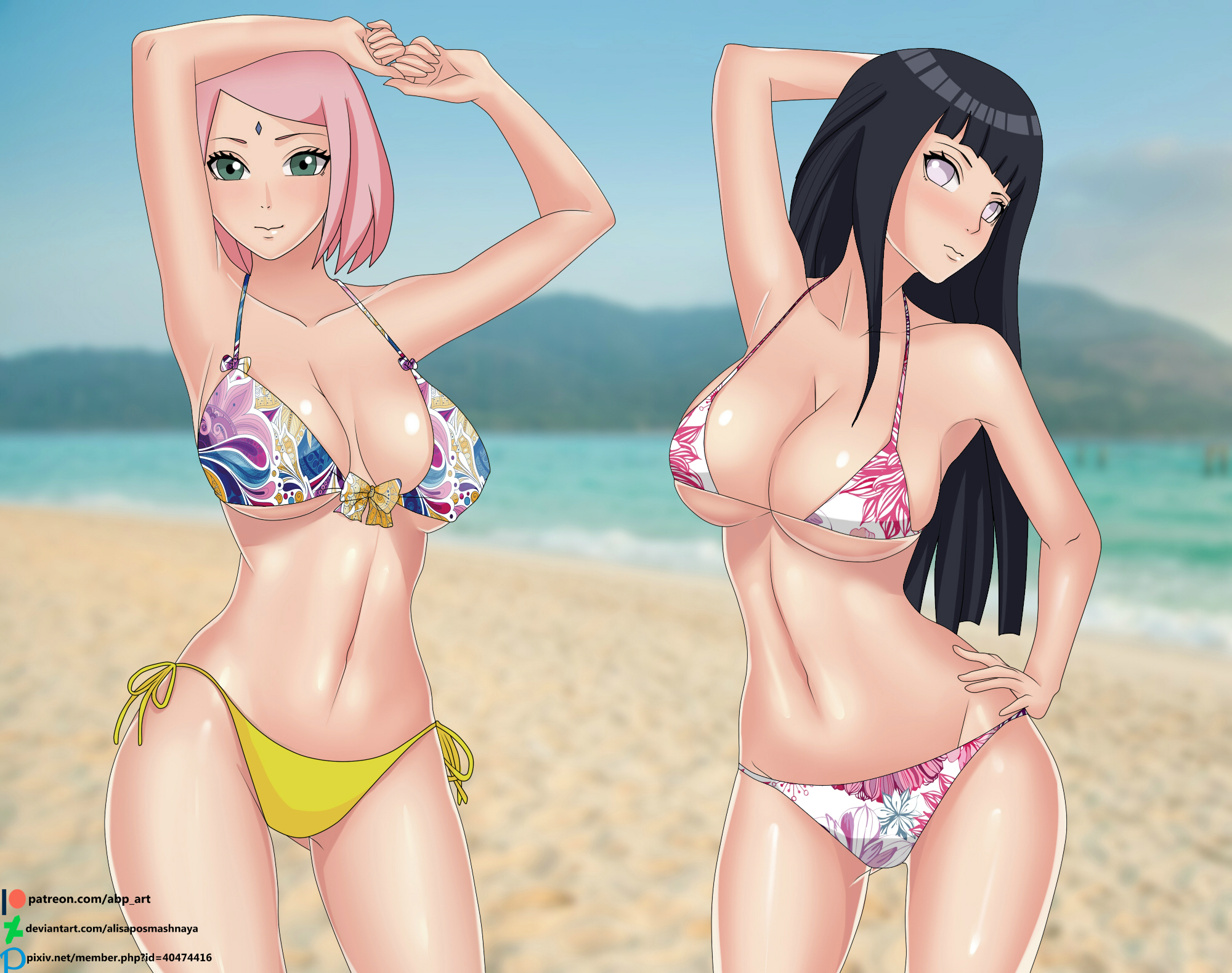 2girls, abp art, adult swim, armpits, arms up, beach, big breasts, bikini, blush, breasts, cleavage, female, female only, green eyes, hand on waist, hyuuga hinata, looking at viewer, naruto, naruto (series), naruto: the last, ocean, one arm up, pink hair, posing, purple hair, sakura haruno, sand, smile, toonami, violet eyes, water