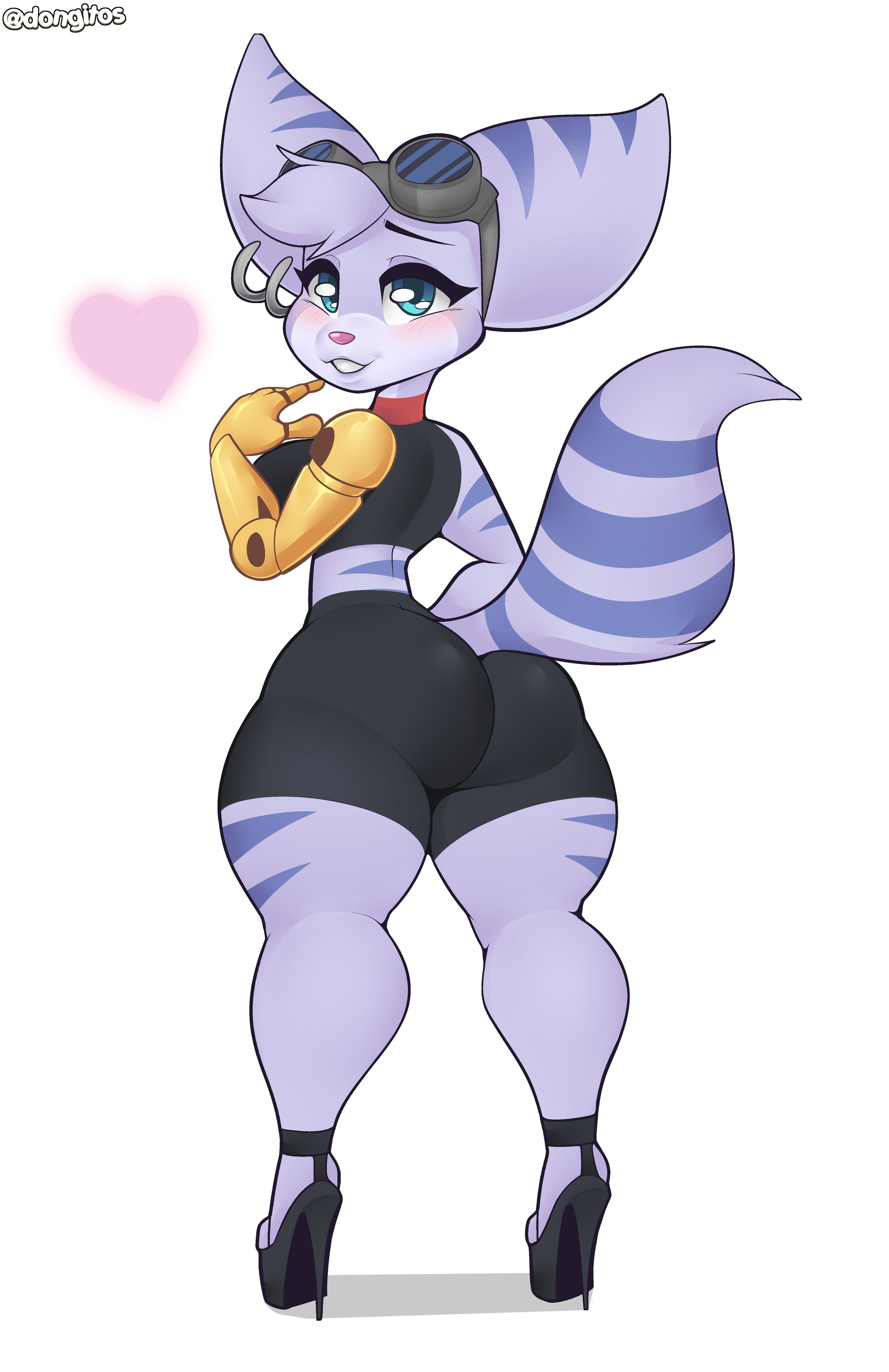 2020, anthro, ass, big ass, clothed, clothing, cybernetic arm, cybernetic limb, cybernetics, dongitos, ear piercing, earrings, eyewear, female, female only, footwear, high heels, lombax, looking at viewer, looking back, mechanical, prosthetic, prosthetic arm, prosthetic limb, raised tail, ratchet and clank, rift apart lombax, rivet (ratchet and clank), robotic arm, smile, smiling