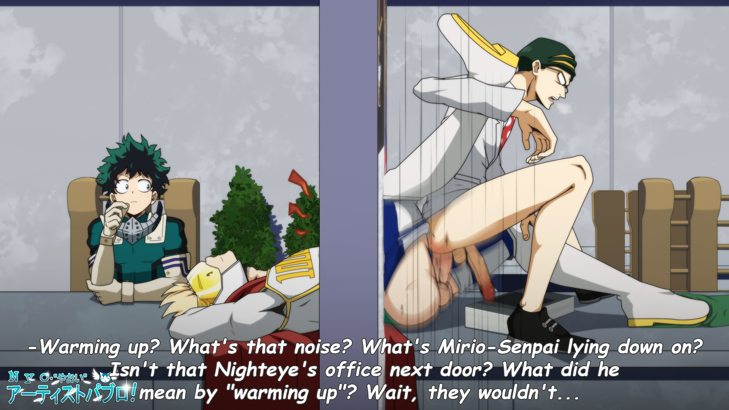 3boys, absurd res, absurdres, age difference, anal, anal sex, balls, blonde hair, bottomless, cape, clothed, clothing, color, dialogue, english, english text, gay, glasses, green hair, helmet, hero outfit (mha), high resolution, highres, izuku midoriya, leg grab, leg up, male, midoriya izuku, mirai sasaki, mirio togata, multiple boys, multiple males, my hero academia, nighteye, office, onoro nyo, penis, reverse cowgirl position, sasaki mirai, sex, speed lines, togata mirio, waiting, yaoi
