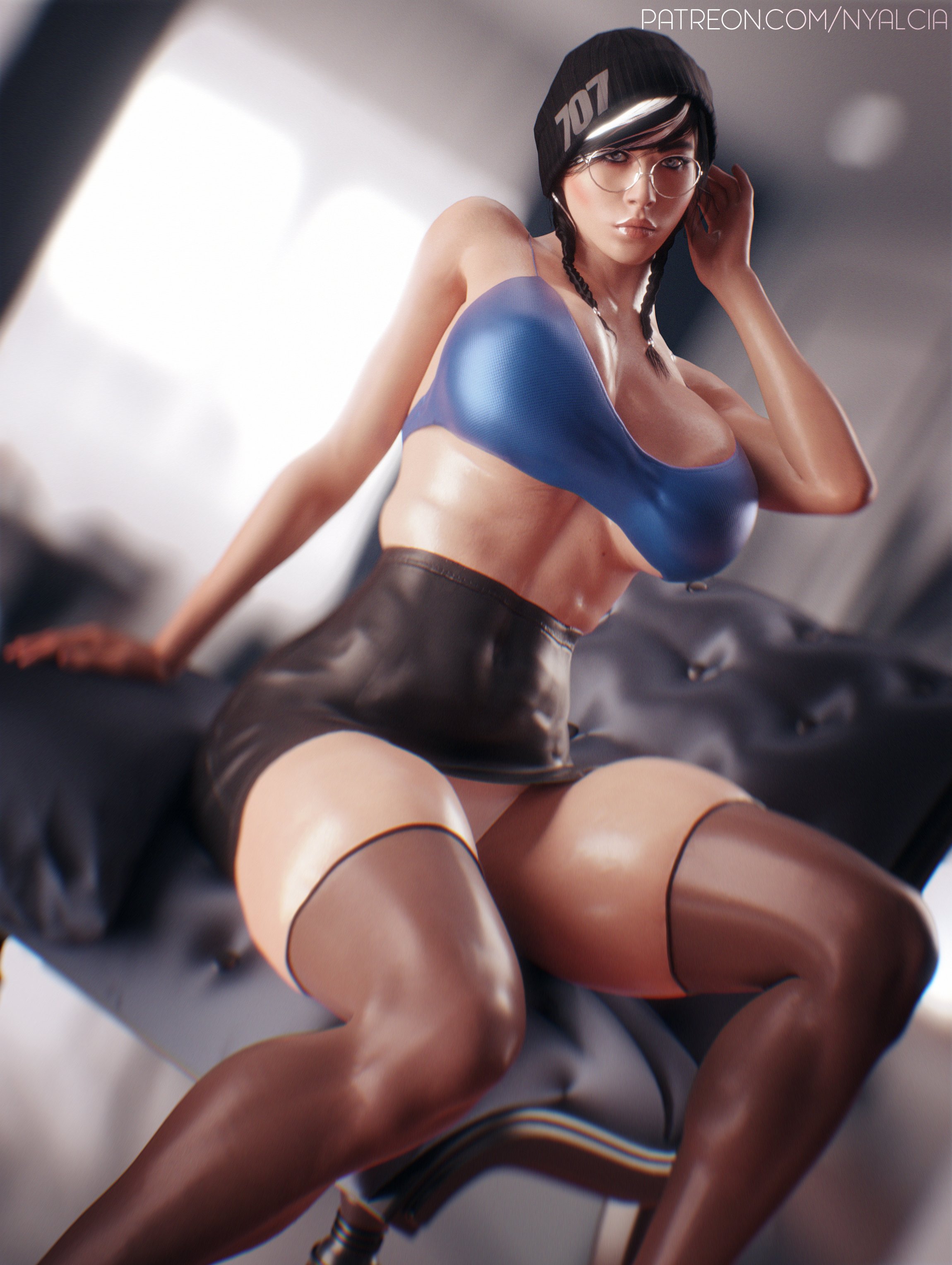1girls, 3d, big breasts, blender, breasts, cleavage, dokkaebi (rainbow six), female, female only, large breasts, looking at viewer, nyalicia, rainbow six, rainbow six siege, solo, spread legs, tagme, thighhighs, tom clancy