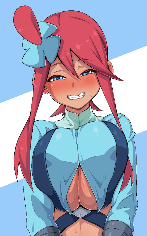 1girls, big breasts, blue eyes, blush, breasts, dark skin, dark-skinned female, eye contact, female, gloves, half-closed eyes, heavy blush, huge breasts, human, long hair, looking at viewer, nanashi maru, nintendo, pokemon, pokemon bw, red hair, skyla (pokemon), smile, sweat