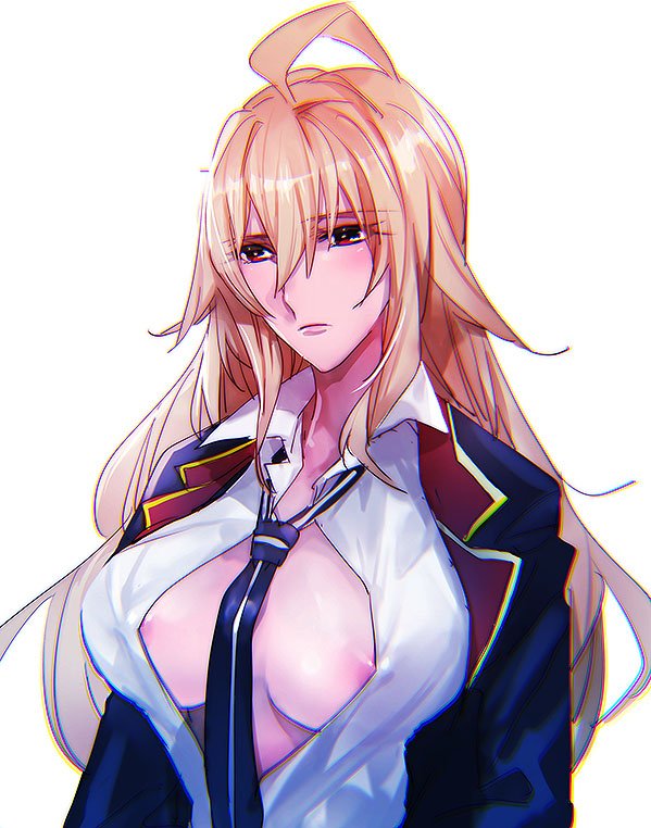 ahoge areola_slip bangs blonde_hair breasts cleavage female gyaru hattori_masahiko large_breasts long_hair loose_necktie navel necktie nipple_slip nipples no_bra red_eyes school_uniform shikishima_mirei solo valkyrie_drive valkyrie_drive_-mermaid- wardrobe_malfunction