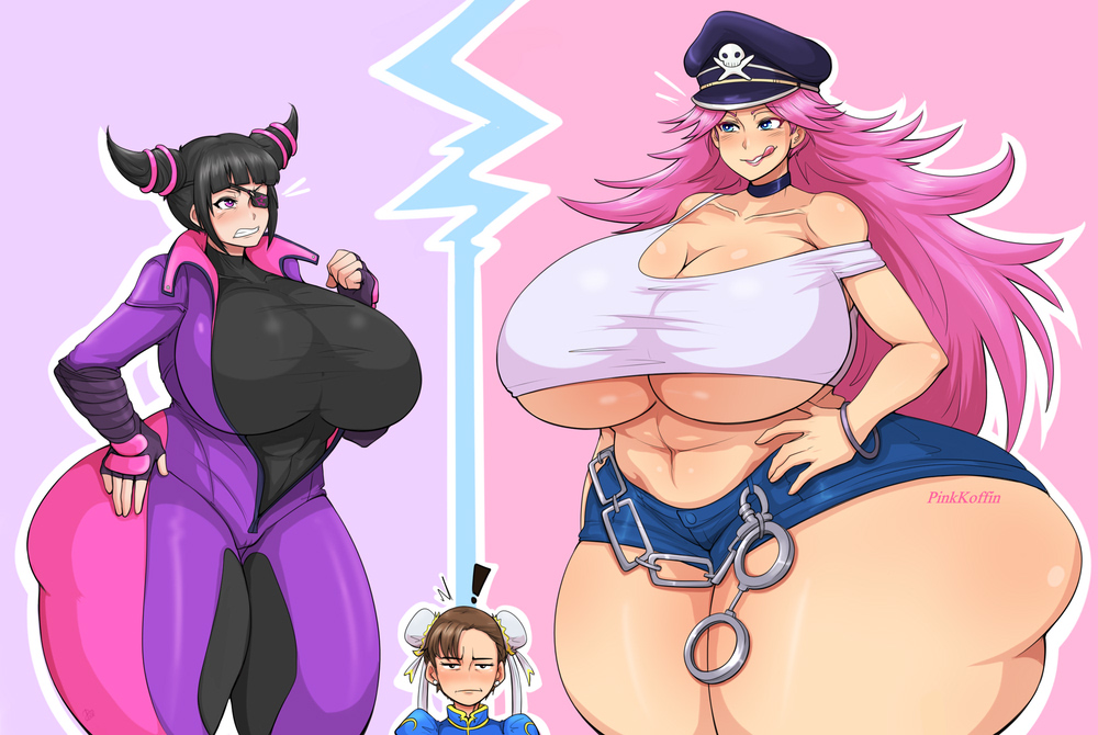:p, 3girls, big breasts, black hair, blue eyes, blush, bodysuit, breasts, breasts bigger than head, brown hair, cameltoe, capcom, chun-li, female, final fight, hat, huge breasts, huge thighs, juri han, large breasts, light skin, light-skinned female, long hair, pale skin, pale-skinned female, pink eyes, pink hair, pinkkoffin, poison (final fight), pussy, shorts, street fighter, street fighter v, thick thighs, thighs, tight clothing, voluptuous, watermark, wide hips
