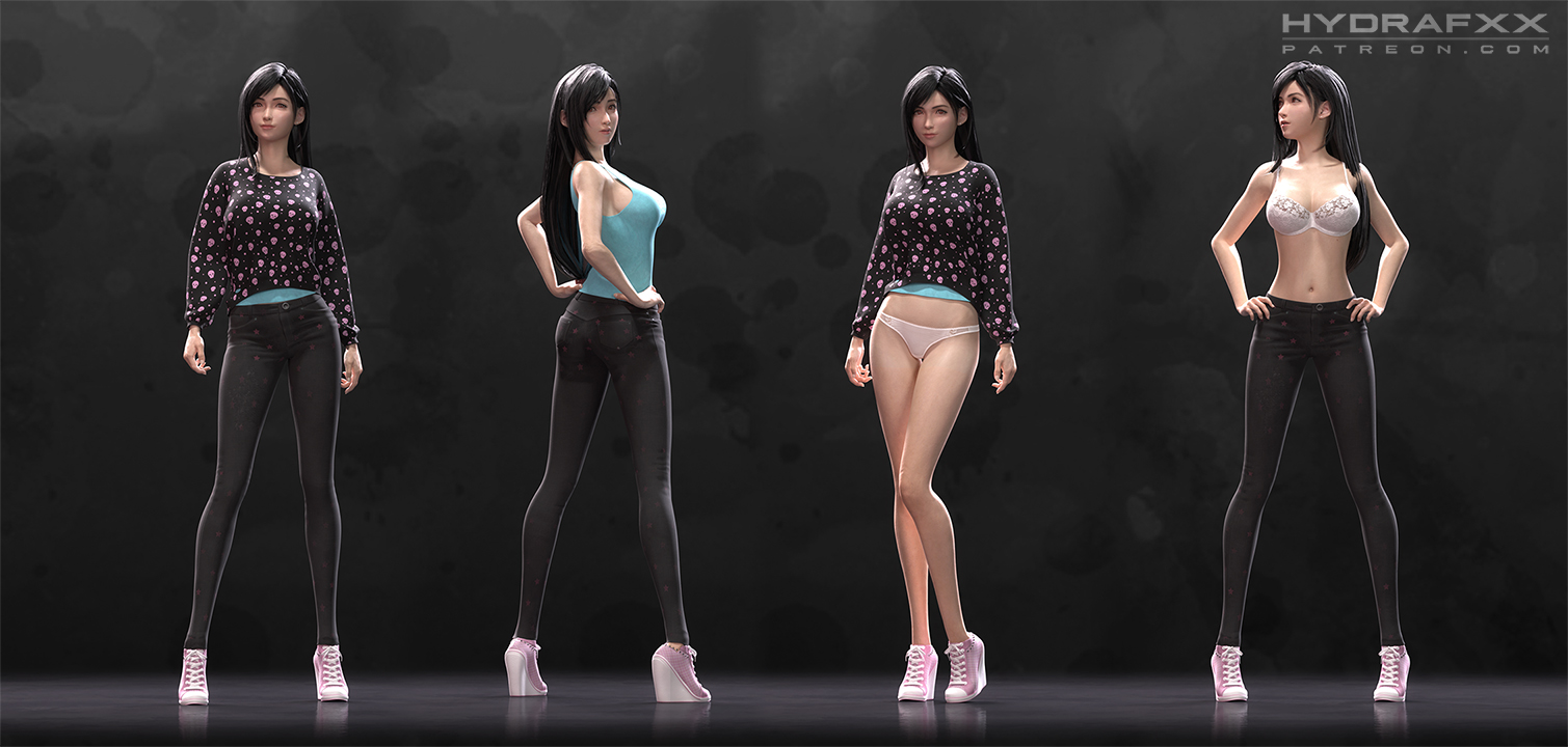 1girls, 3d, bra, breasts, cleavage, fashion, female, female only, final fantasy, final fantasy vii, hydrafxx, model sheet, panties, tifa lockhart