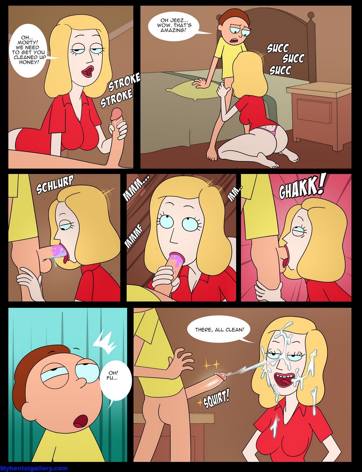 1boy, 1girls, age difference, bed, bedroom eyes, beth smith, blonde hair, blowjob, comic, cum, cum on face, drunk, english text, erection, fellatio, female, incest, male, morty smith, mother, mother and son, nutting, oral, panties, penis, rick and morty, seductive look, speech bubble, sucking penis, text, whargleblargle