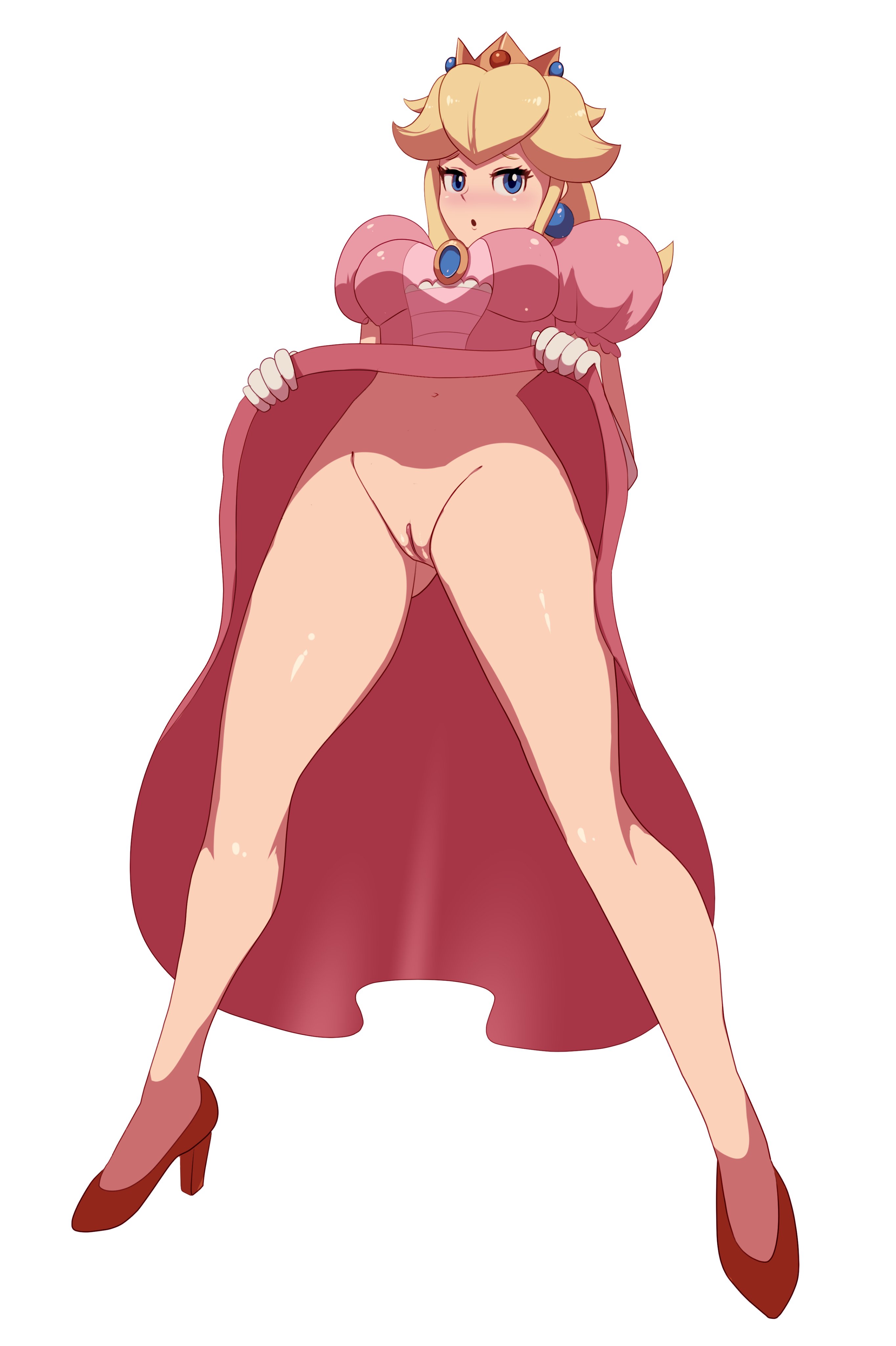 blonde hair, blue eyes, blush, clothing, crown, dress, dress lift, embarrassed, female, high heels, looking at viewer, mario (series), nintendo, no panties, presenting pussy, princess peach, pussy, solo, zelc-face