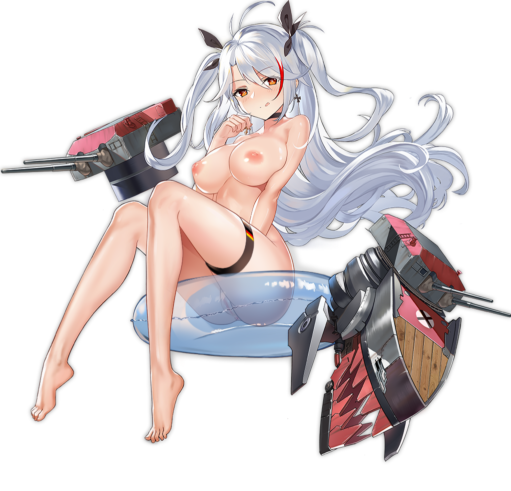 1girls :q azur_lane barefoot black_choker blue_innertube breasts choker cleavage earrings feet female flag_print full_body game_cg innertube iron_cross jewelry large_breasts long_hair looking_at_viewer machinery multicolored_hair navel nipples nude_filter orange_eyes prinz_eugen_(azur_lane) prinz_eugen_(unfading_smile)_(azur_lane) pussy realmbw simple_background sitting solo tachi-e third-party_edit toes tongue tongue_out transparent_background turret two-tone_hair two_side_up uncensored vagina white_hair