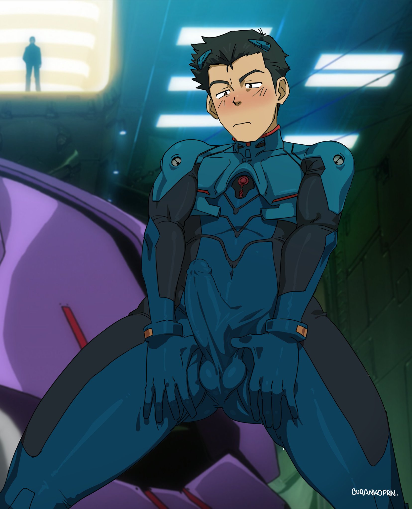 1boy, balls, blush, burankoprn, clothing, erection, erection under clothes, flustered, latex, male, male only, mechanical, neon genesis evangelion, penis, penis under clothes, solo, testicles, tight clothing, tight fit, toji suzuhara, uncensored
