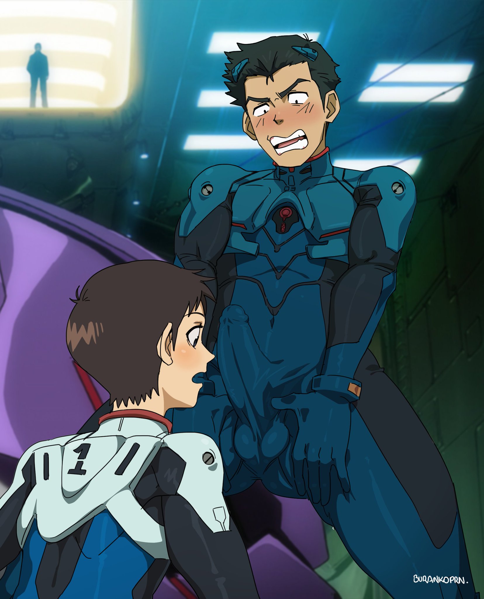 2boys, balls, blush, burankoprn, clothing, gay, latex, male, male only, mechanical, neon genesis evangelion, penis, penis under clothes, shinji ikari, testicles, thick thighs, tight clothing, tight fit, toji suzuhara, uncensored, yaoi