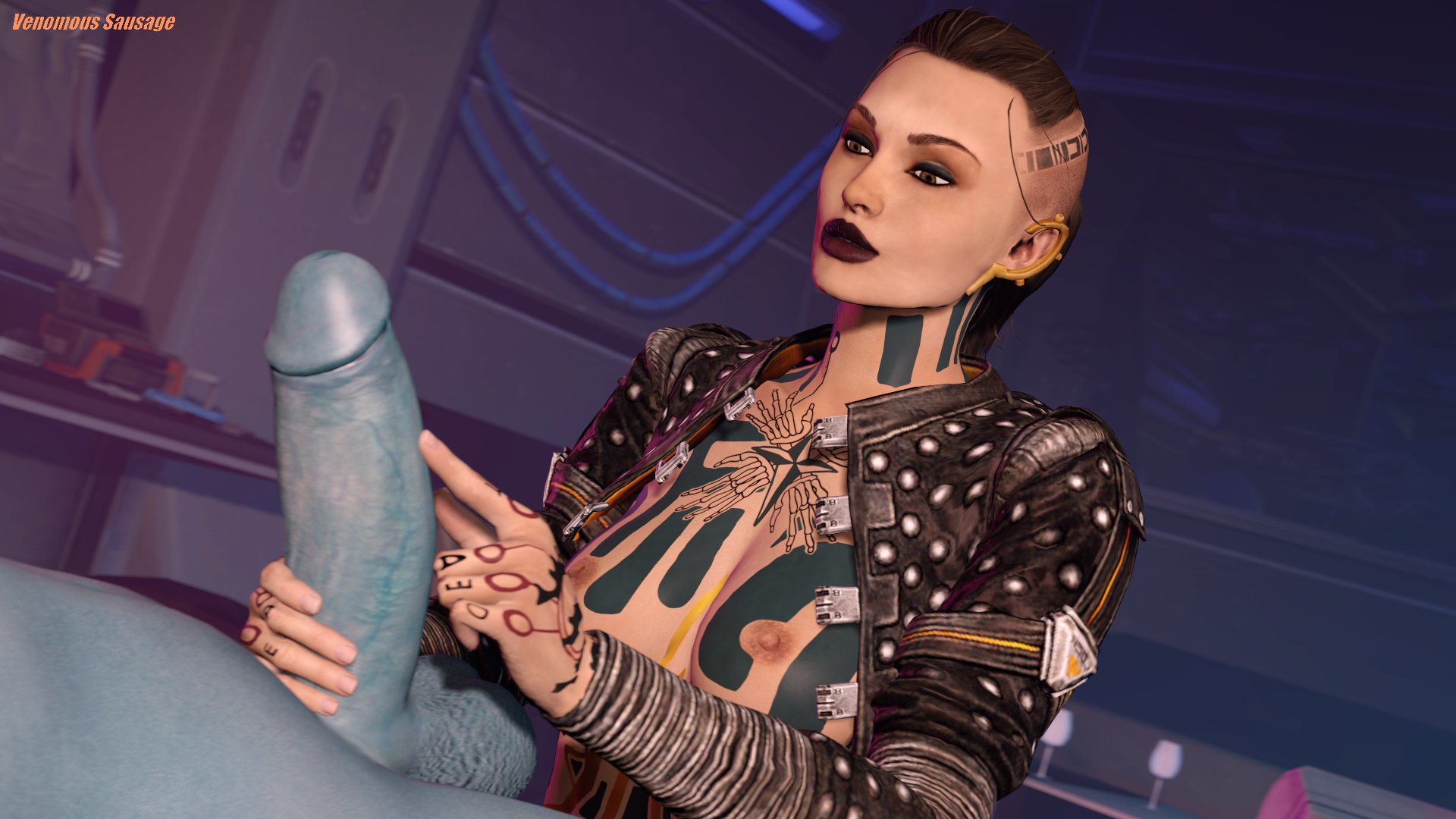 1futa, 1girls, 3d, alien, alien futa, alien/human, asari, asari futa, big penis, blender, dickgirl, female, futa on female, futanari, human, intersex, interspecies, jack (mass effect), mass effect, penis, samara, venomous sausage