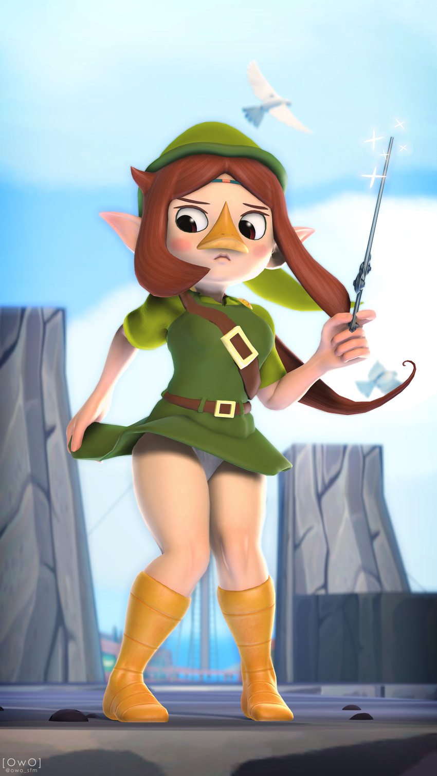 1girls background boots brown_hair clothing female female_only frown hair hat humanoid looking_down looking_to_the_side medli owo_sfm panties pointy_ears rosy_cheeks skirt solo solo_female standing the_legend_of_zelda thick_thighs unamused underwear wand white_panties wind_waker