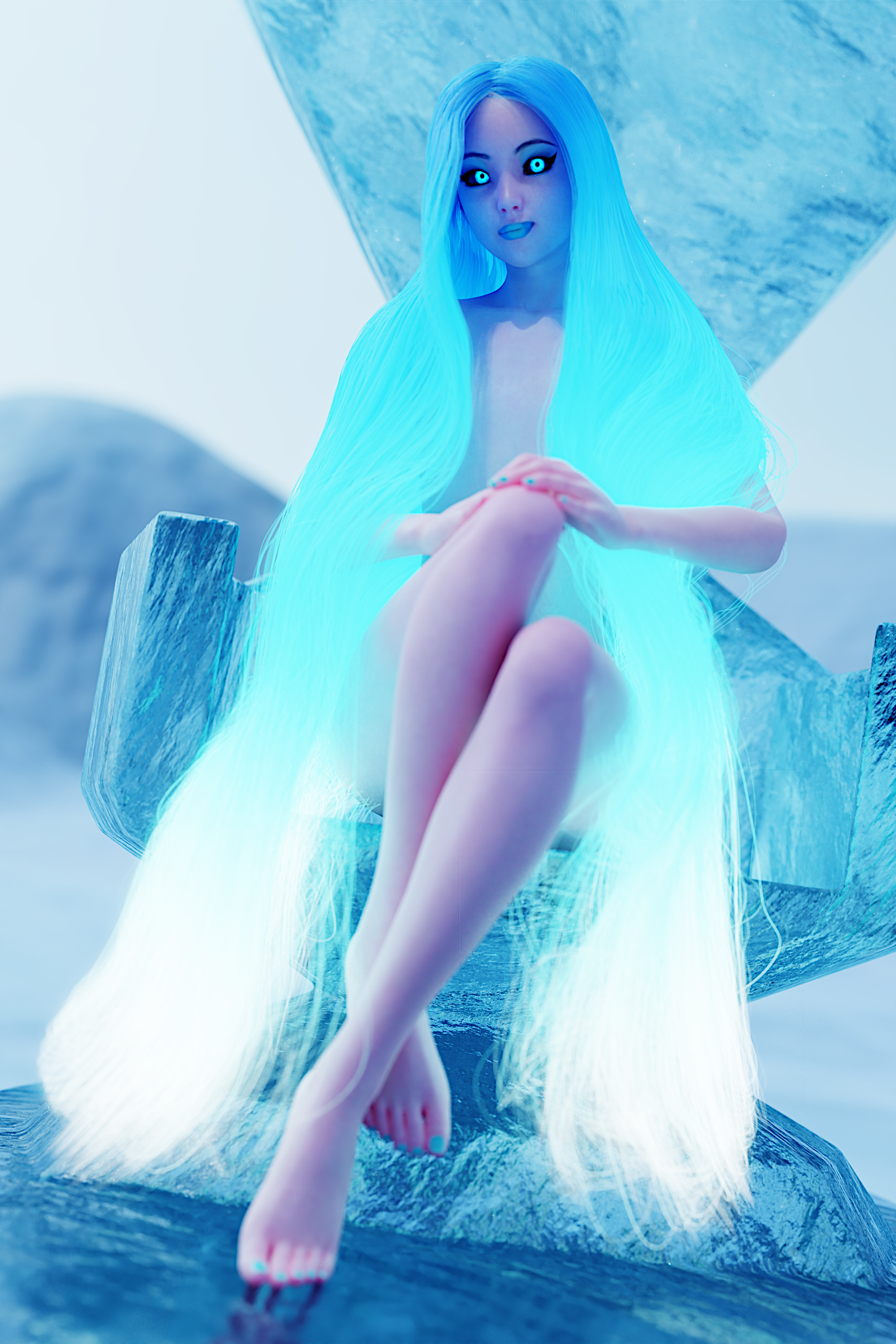 3d, blue eyes, blue hair, cold, crossed legs, femboy, glowing eyes, glowing hair, ice, long hair, looking at viewer, male, male only, pale skin, sitting, torappukojo, winter