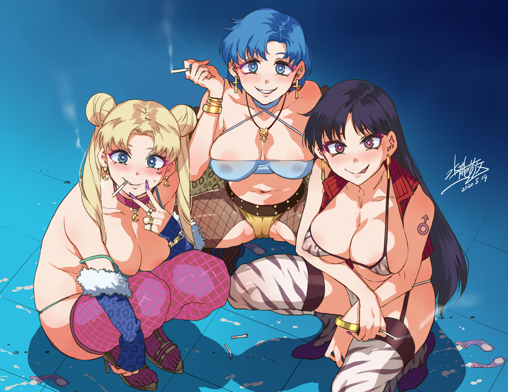 3girls ami_mizuno animal_print areola areola_peek areola_slip areolae areolae_peeking arm_warmers armwear bangle barely_clothed big_breasts bikini bishoujo_senshi_sailor_moon black_hair blue_eyes blue_hair breasts cameltoe cigarette cigarette_butt cigarette_in_mouth cleavage clothing collarbone condom corruption crescent_moon cross cross_earrings cum cum_on_floor deep_cleavage derivative_work double_bun drop_earrings earrings erect_nipple erect_nipples_under_clothes female_only fingernails fishnet_legwear fishnets garter_straps heart high_heels hooker jacket jewelry large_breasts legs_apart leopard_print light-skinned_female long_hair looking_at_viewer mars_symbol mercury_symbol micro_bikini mizuryuu_kei moon multiple_girls necklace open_toe_shoes partially_clothed pov prostitute purple_hair rei_hino ring sailor_moon_redraw_challenge screencap_redraw skimpy skimpy_clothes slutty_outfit spread_legs squatting stockings swimsuit symbol tattoo thigh_highs thighhigh_stockings thighhighs thong twintails usagi_tsukino used_condom v zebra_print