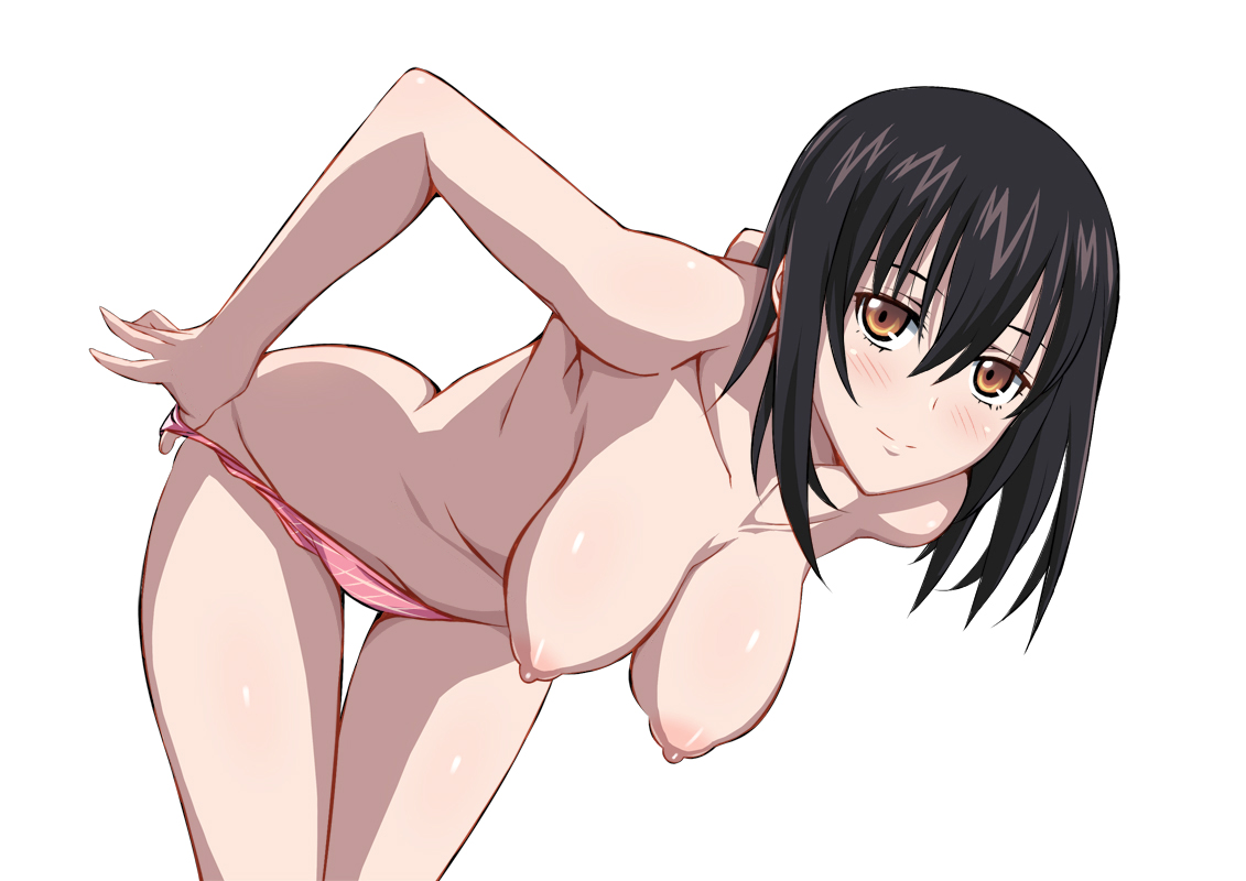 ass, big areolae, big ass, big boobs, big breasts, big butt, black hair, blush, blushing, breasts, brown eyes, drawing, female, himeragi yukina, long hair, nude filter, open pants, panties, strike the blood, strip tease, striptease, tease, teasing, teasing viewer, underwear pull, white background