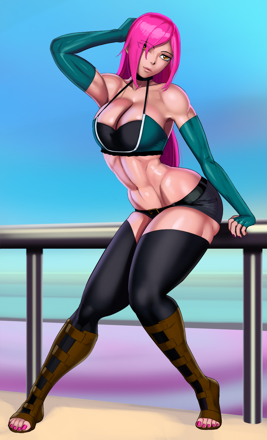 1girls, abs, aka6, big breasts, breasts, character request, cleavage, copyright request, female, huge breasts, large breasts, muscles, muscular, muscular female, naughty face, seductive, solo, thick thighs, thighhighs