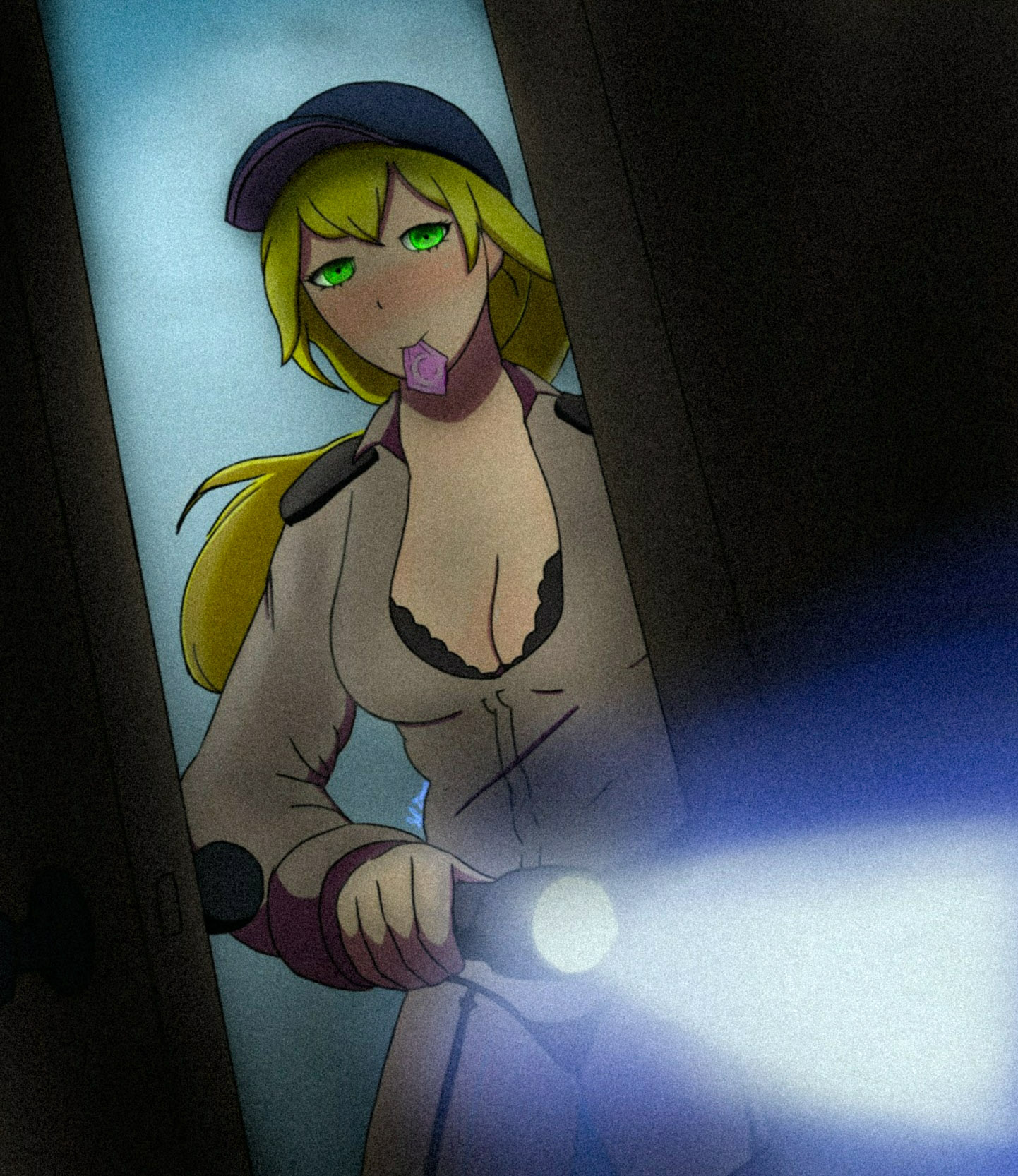 1girls, blonde hair, bra, breasts, cleavage, clothed, condom, condom in mouth, female, female focus, female only, five nights at freddy's, five nights at freddy's: security breach, garter belt, garter straps, green eyes, lingerie, lingerie under clothes, ls, scottgames, security guard, solo, solo female, vanessa (fnaf)