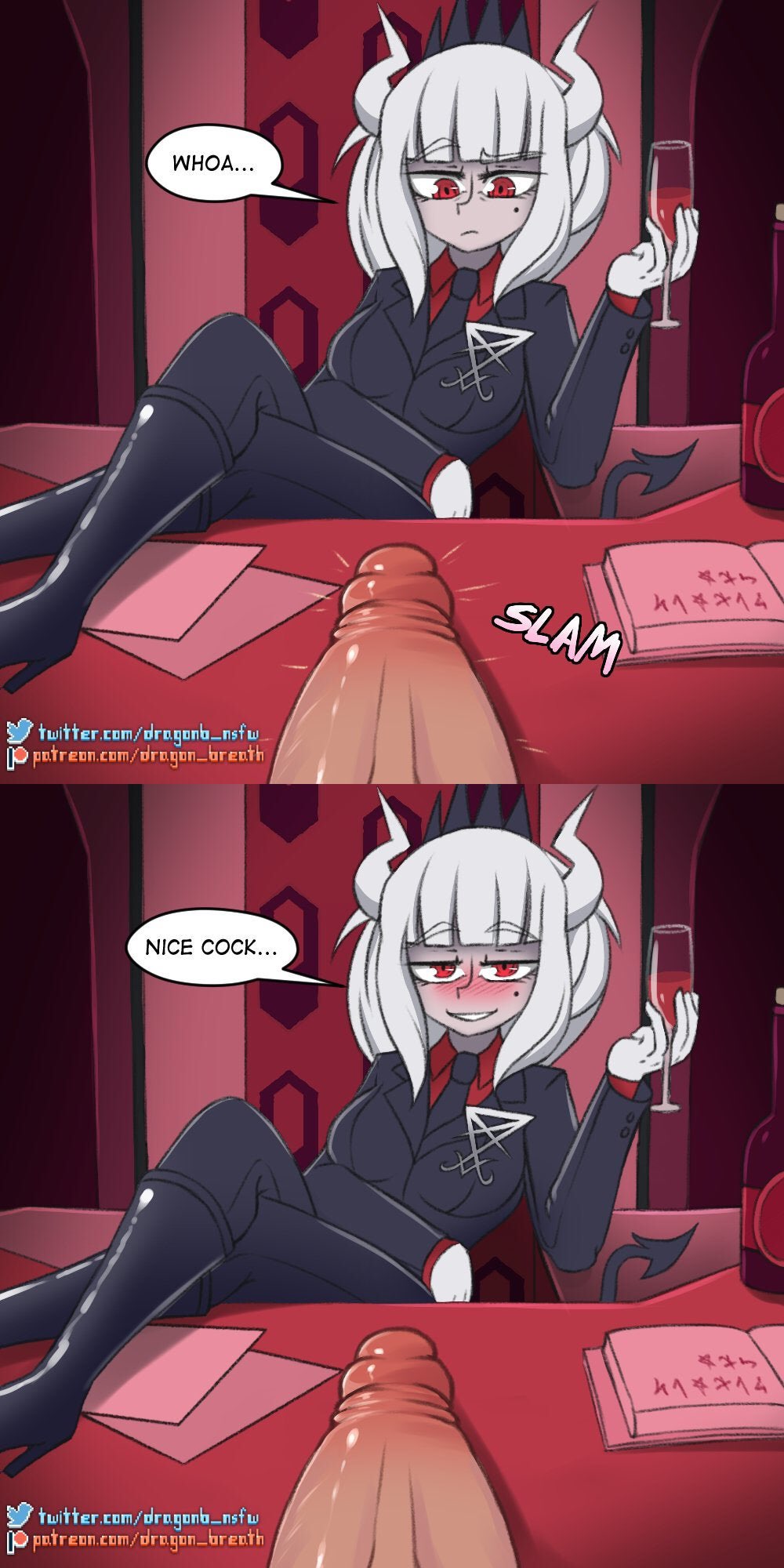 big penis, blush, demon, demon girl, demon tail, dragon breath, female, heels, helltaker, looking at viewer, lucifer (helltaker), male, penis, red eyes, stockings, unseen male face, white hair, wine
