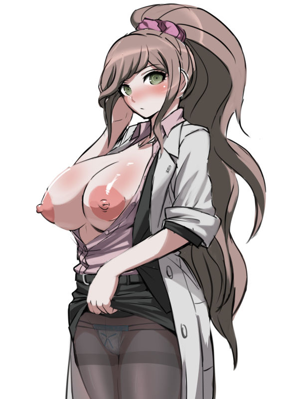 akizora, danganronpa, danganronpa 3, green eyes, lifting skirt, no bra, straight hair, white panties, yukizome chisa