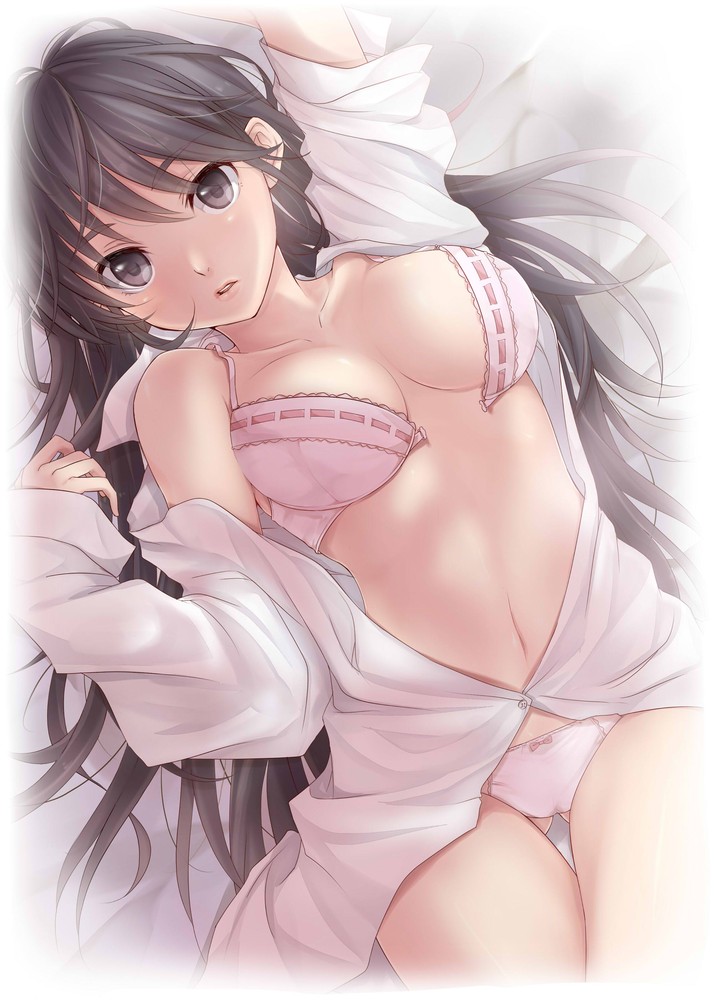 1girls, bed, black eyes, black hair, blush, bra, breasts, collarbone, female, long hair, looking at viewer, lying on back, masami chie, navel, open bra, open shirt, panties, shirt, very long hair