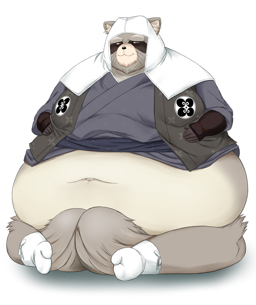 2015 anthro balls belly big_balls brown_body brown_fur canid canine doguma-sin fur genitals inugami_gyoubu_(monobeno) male mammal monobeno navel obese overweight overweight_male raccoon_dog simple_background sitting solo tanuki white_background